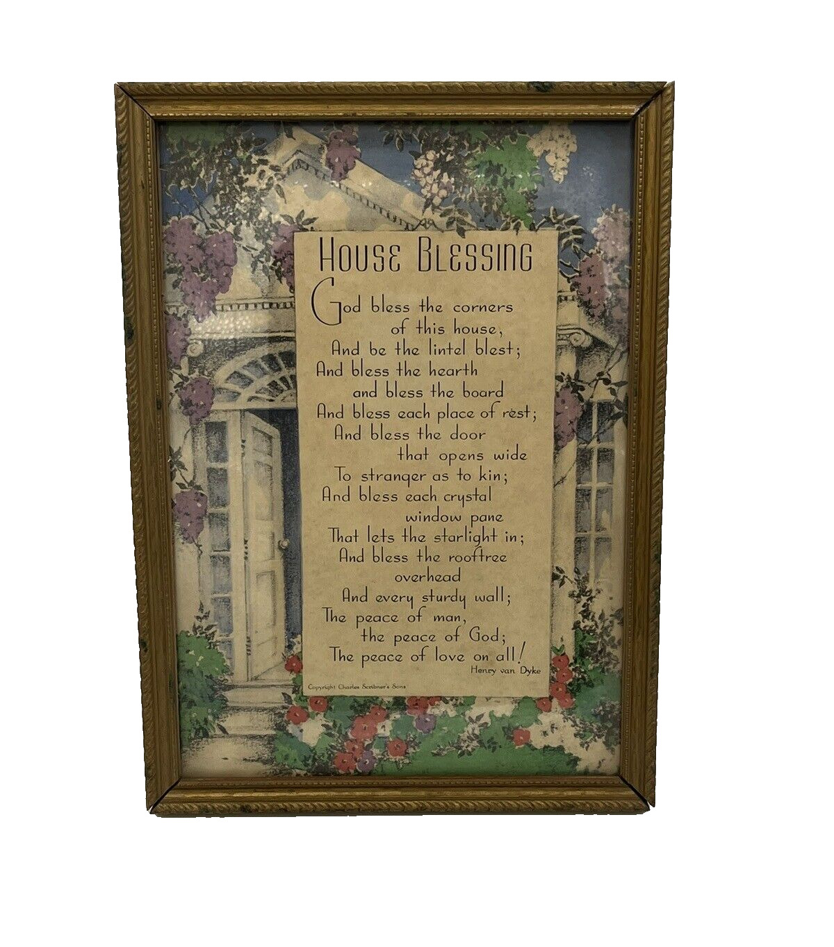 House Blessing Picture Christian Print Henry van Dyke Poem Vintage Wood Frame