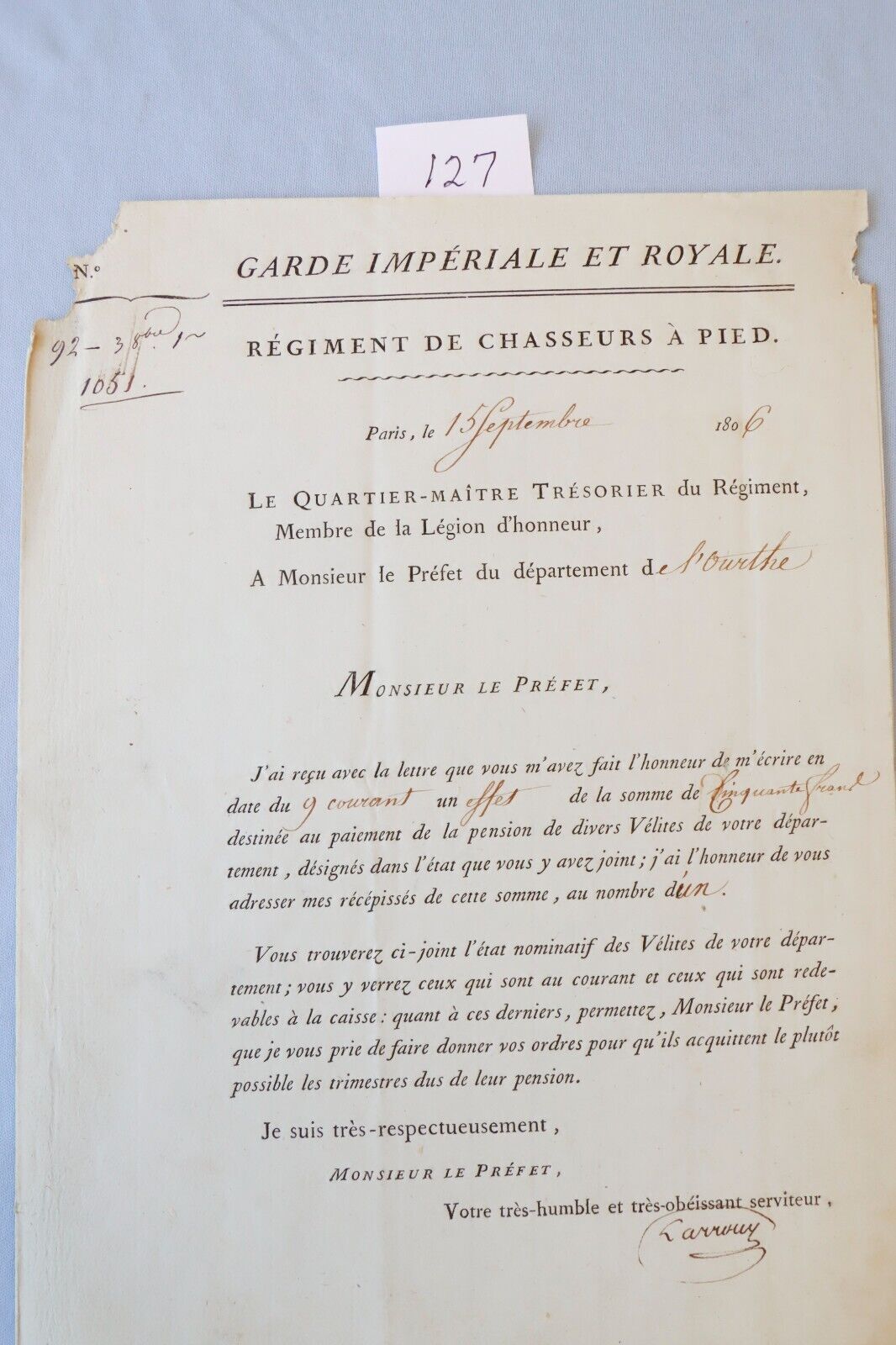 1806 Letter France Imperial Guard Chasseurs Regiment Napoleon Waterloo Battle 