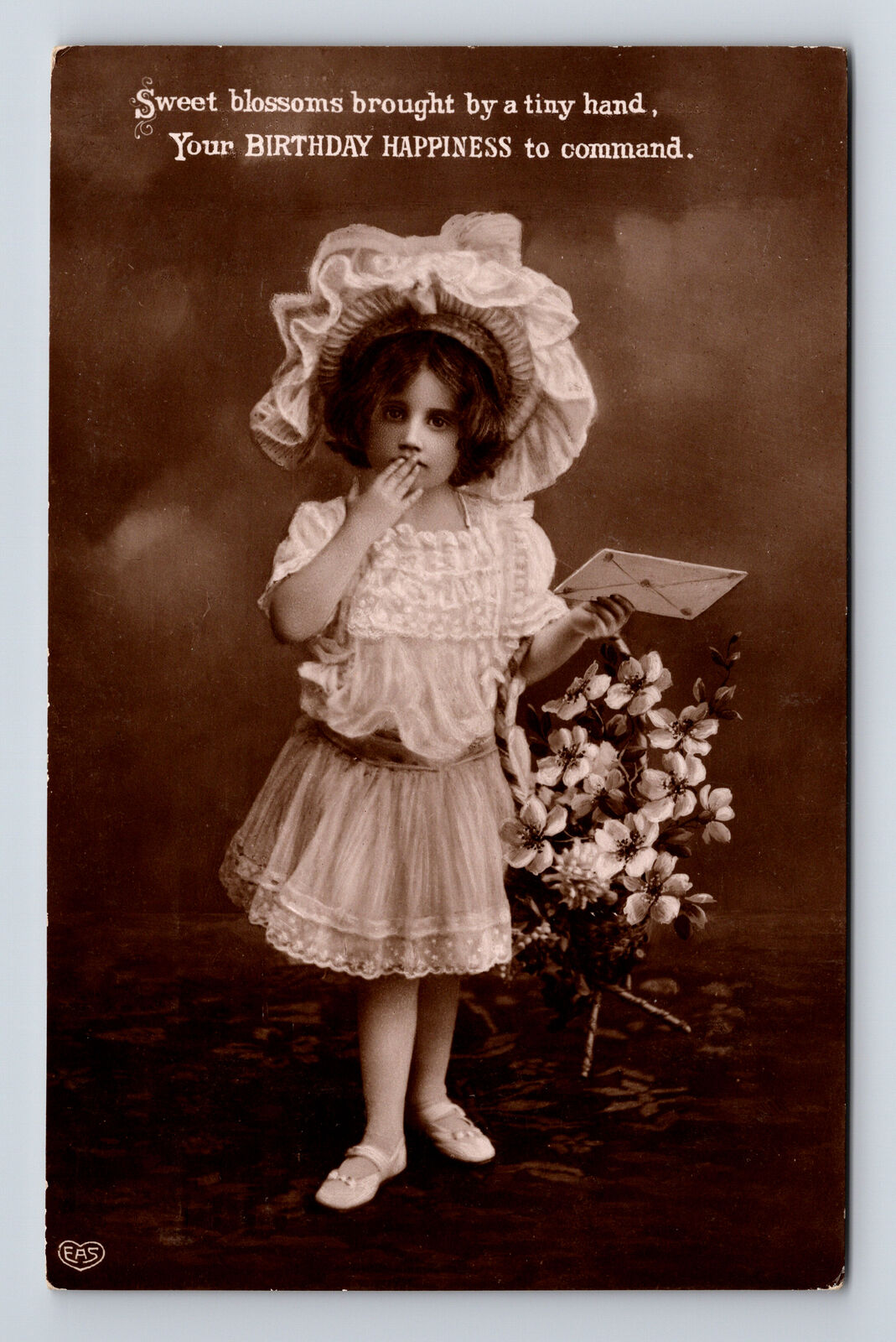 c1910 RPPC EAS Studio Portrait of Young Flower Girl Birthday Hapiness Postcard