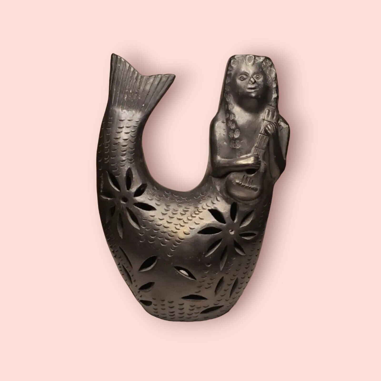 Handcrafted Black Clay Mermaid Siren Mandolin Vessel - Nautical Decor