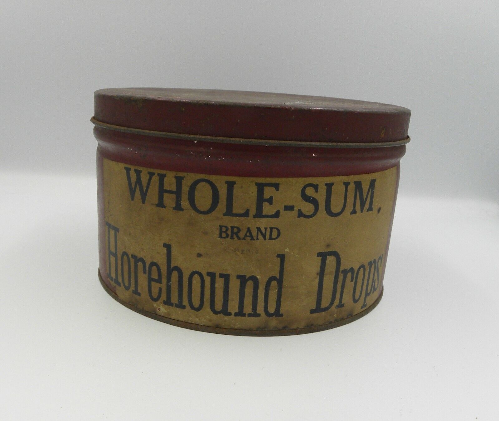 Vintage WHOLE-SUM BRAND Horehound Candy Drops Advertising Tin with Paper Label