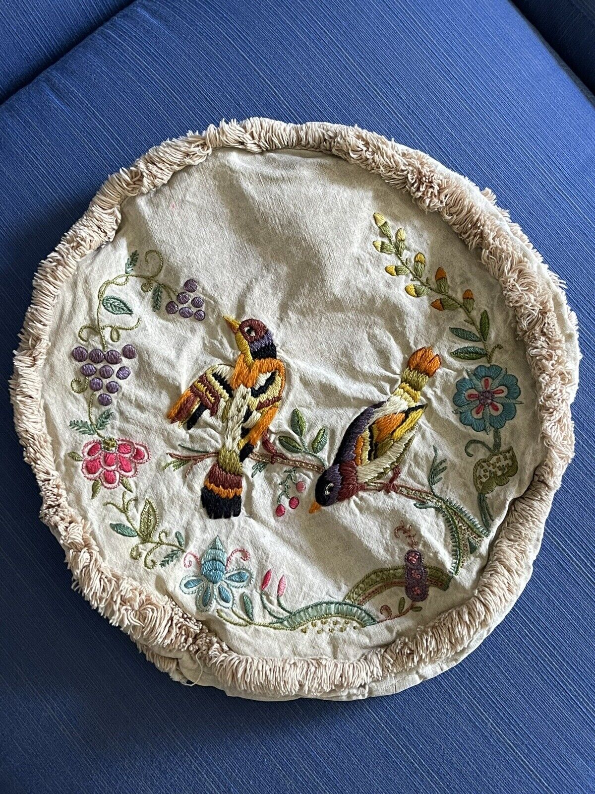 Vintage Crewel Embroidered Floral Throw Pillow With Fringe Rothschild Bird BOHO