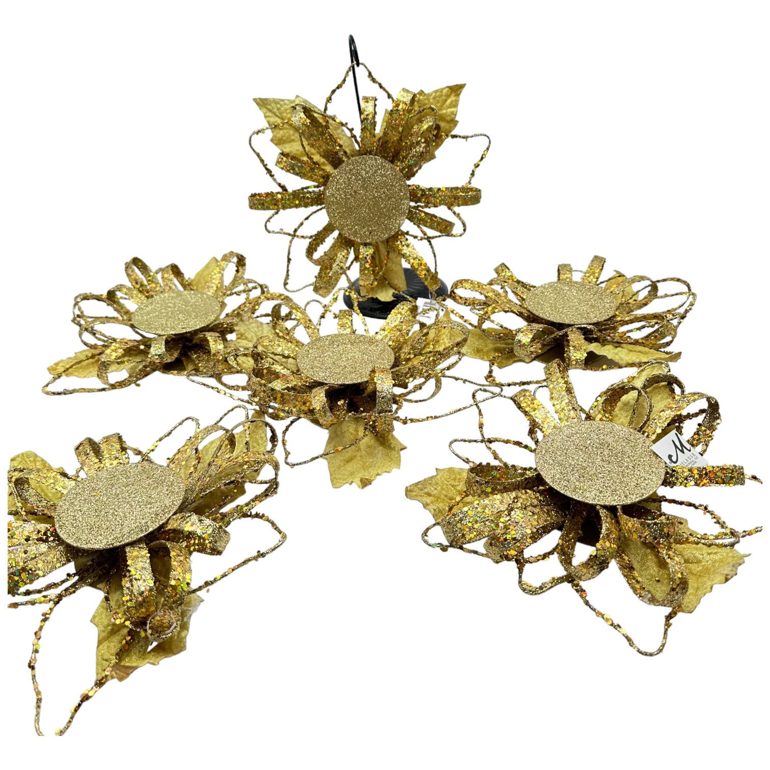 Melrose Int\'l LLC Six Gold Glitter Stars w/ Ribbons Christmas Holiday Decoration