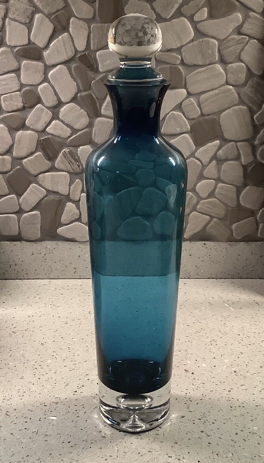 Beautiful Blown Glass Deep Aqua Blue Bottle With Glass Stopper