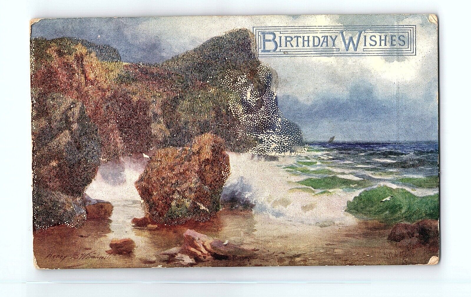 Tuck\'s Oilette Birthday Wishes Card Rock Beach Waves Sea View Vintage Postcard