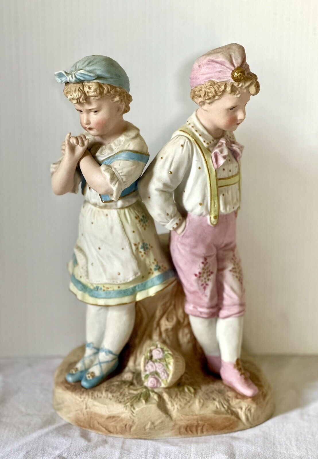 RARE Antique Large German Bisque Porcelain Figurine Boy Girl Flowers First Kiss