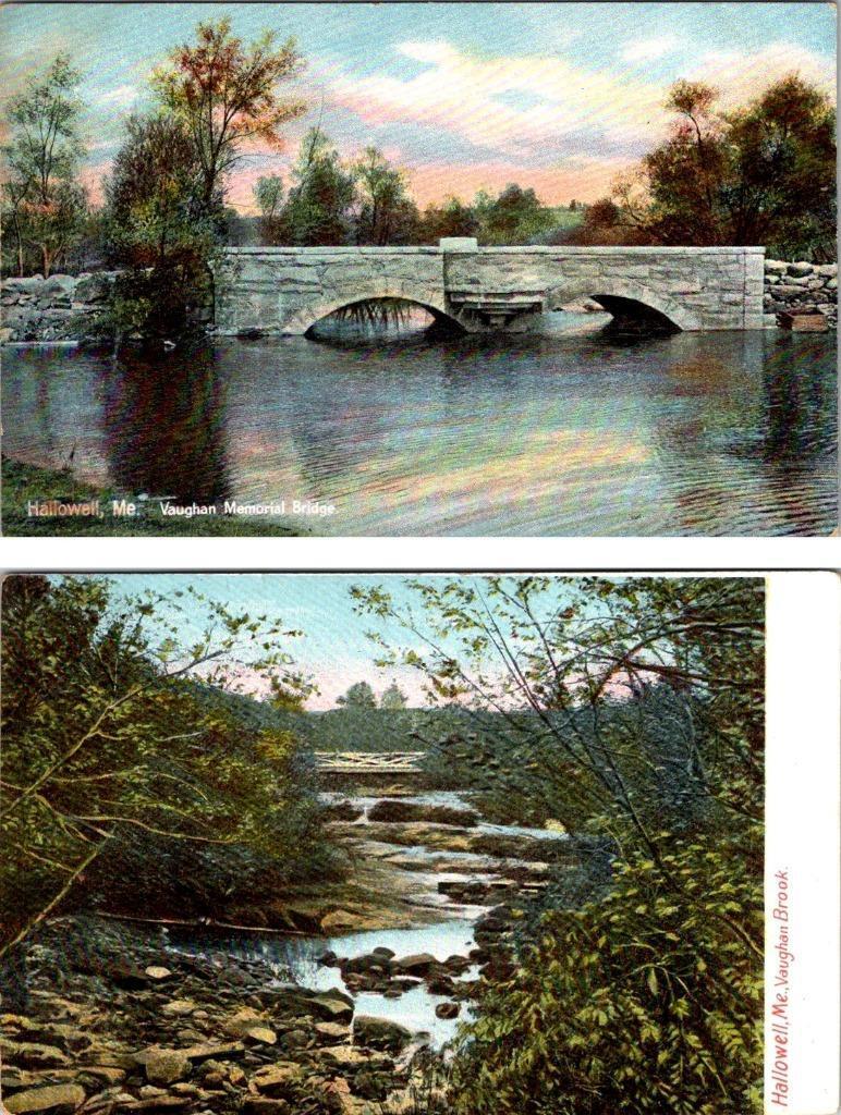 2~Postcards Hallowell, ME Maine VAUGHAN MEMORIAL BRIDGE & BROOK Kennebec County