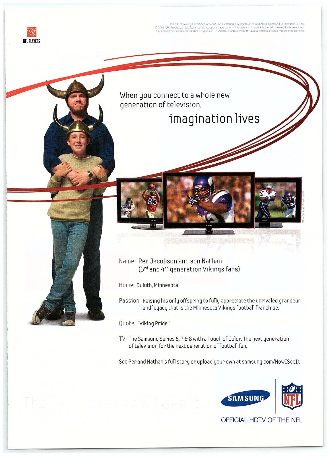 2008 Samsung TV Print Ad, NFL Vikings Fans Per & Nathan Jacobson Horn Helmets