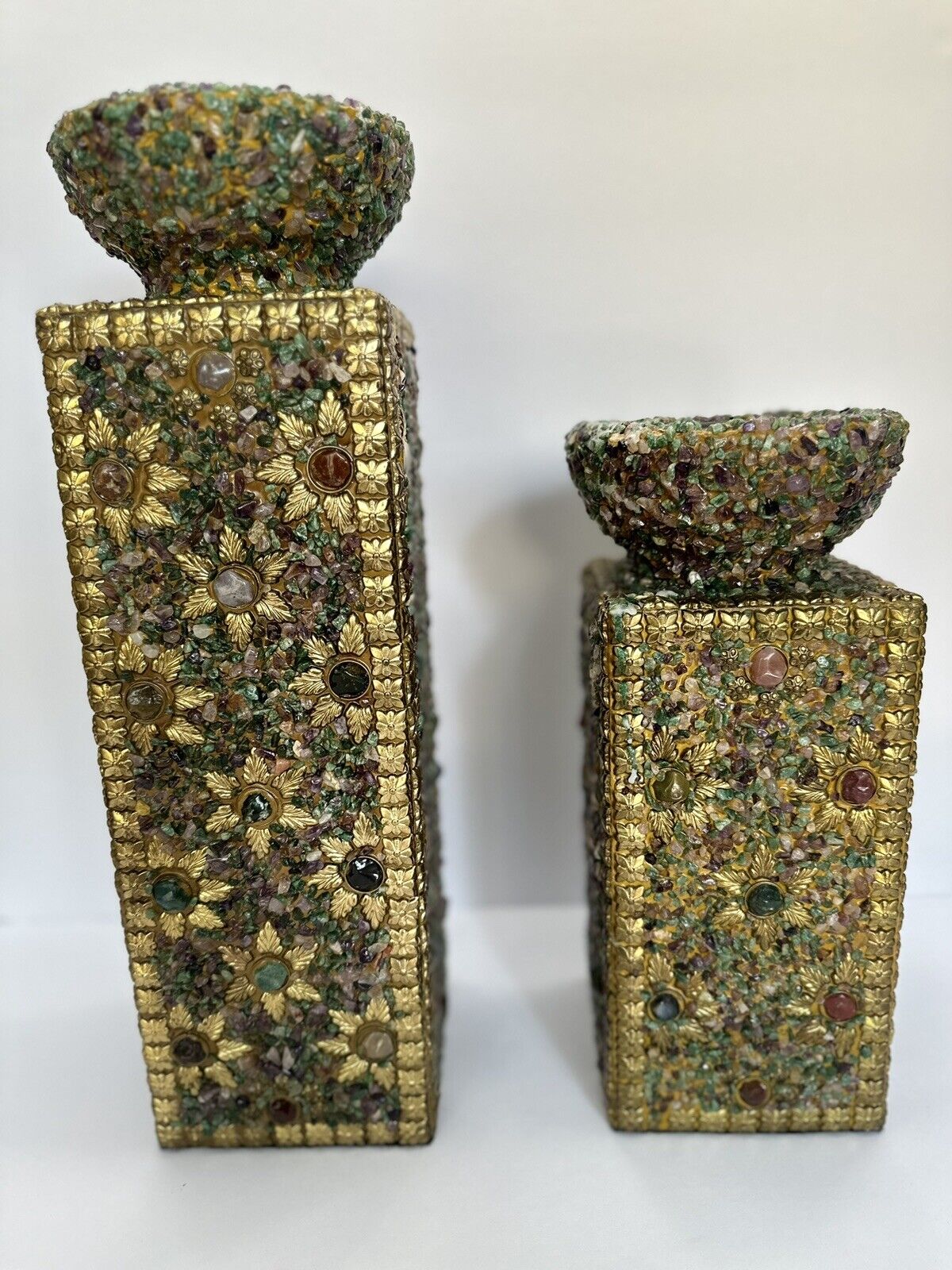 Handcrafted Candle Holders Natural Stones Gold Set Of 2 Vintage Rare