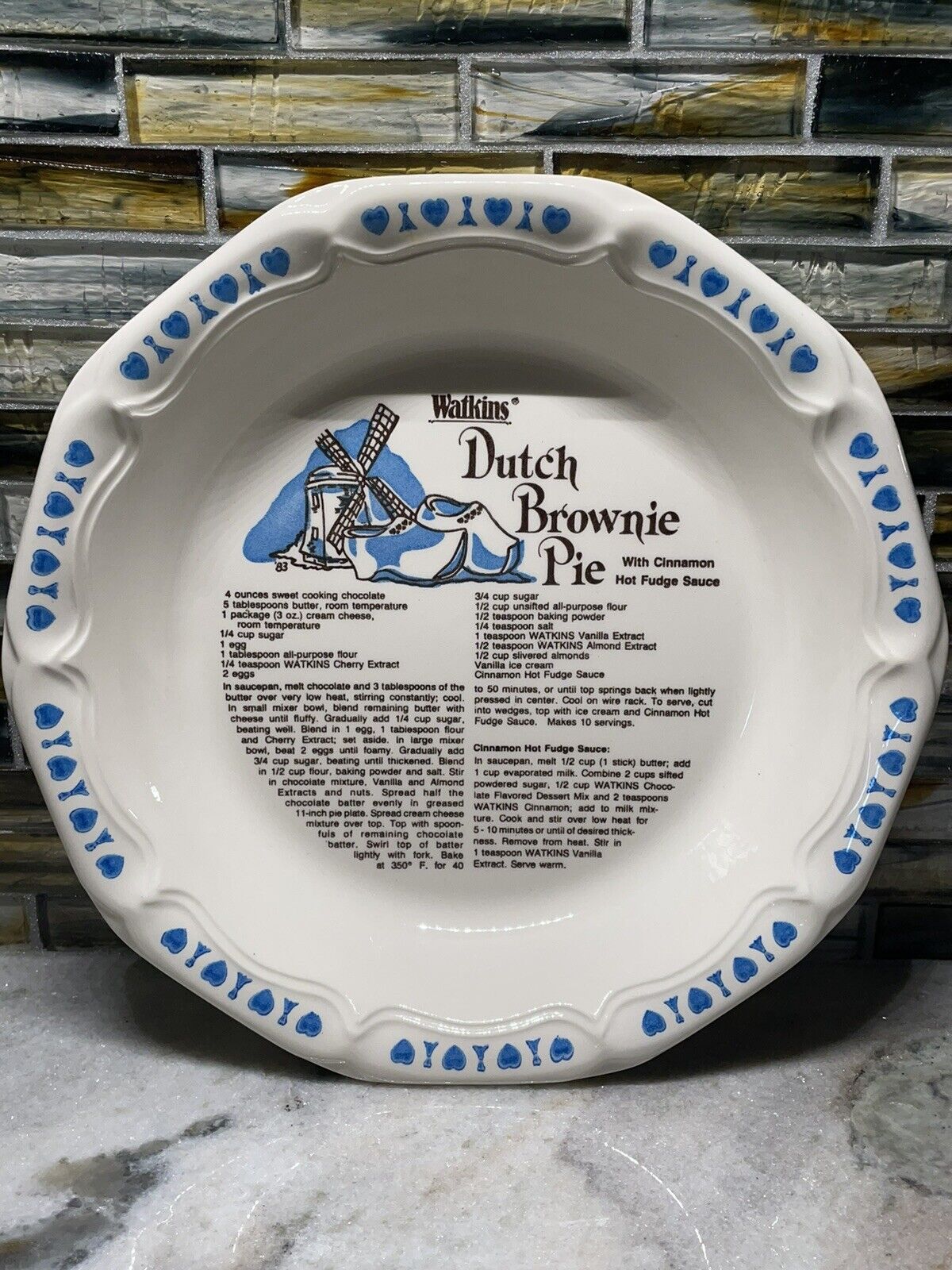 Vintage 1983 Watkins Dutch Brownie Pie Ceramic Plate Dish Recipe Made In USA