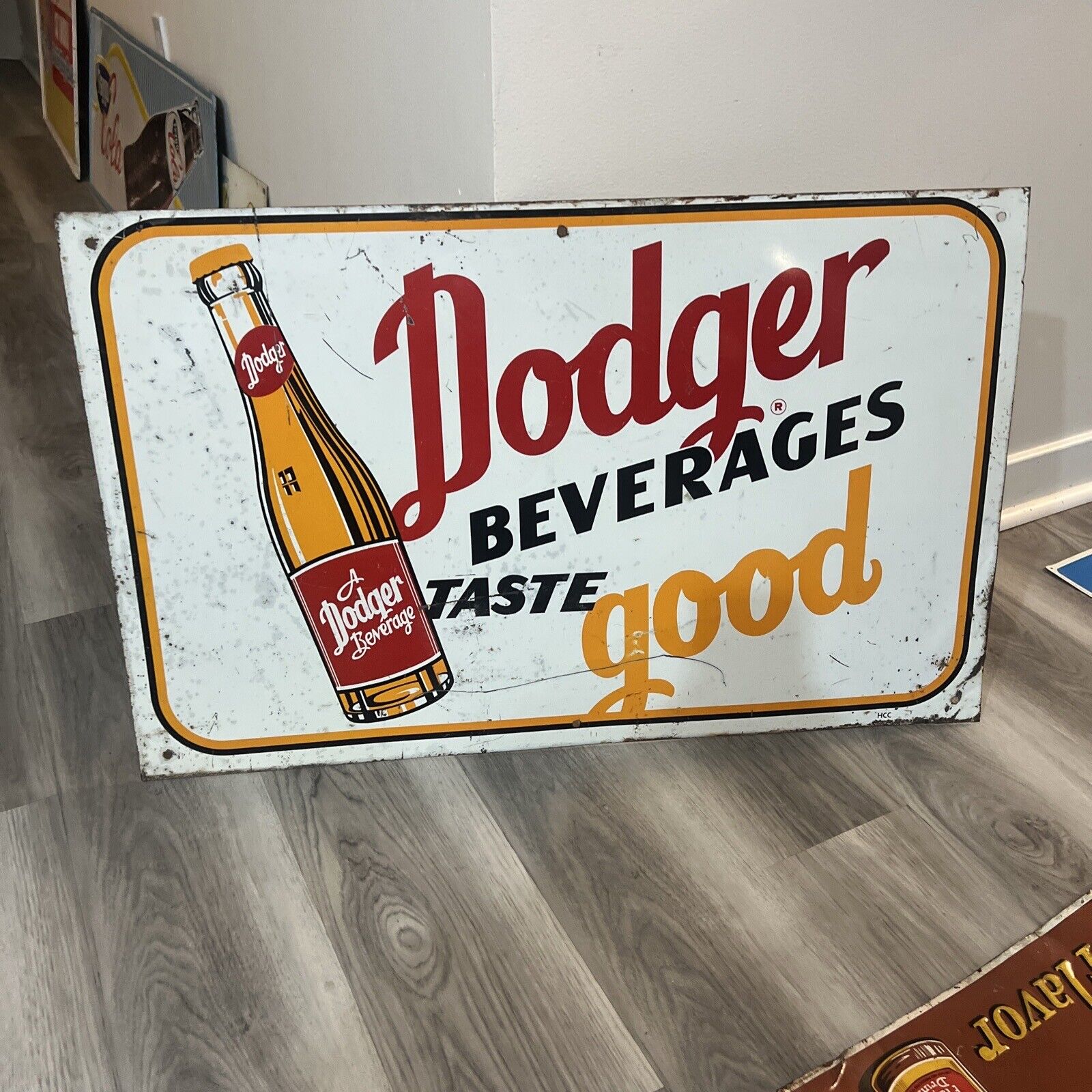 c.1950s Original Vintage Dodger Beverages Sign Metal Taste Good Bottle Soda Gas