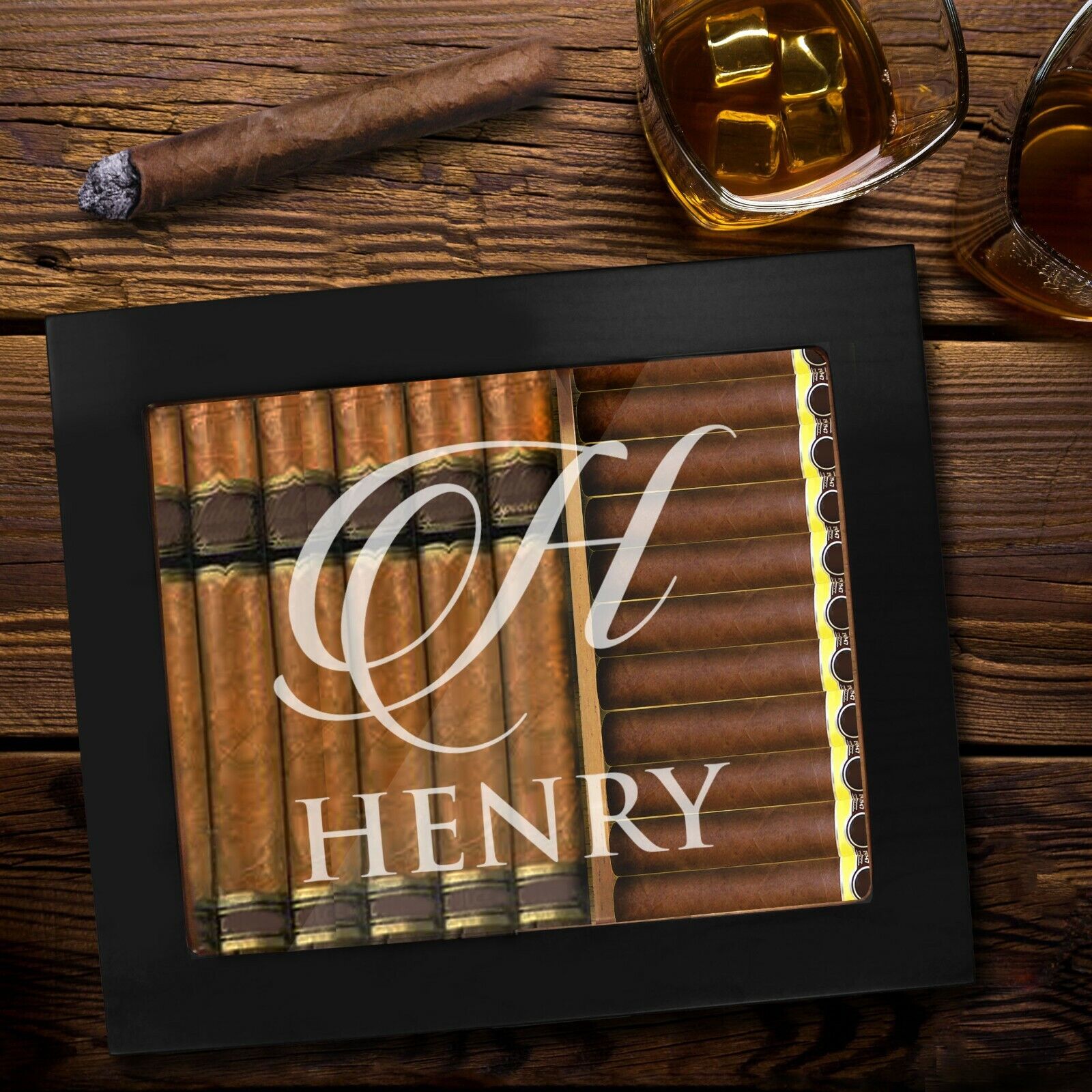 Personalized Premium Cigar Humidor Box with Hygrometer - Matte Black 