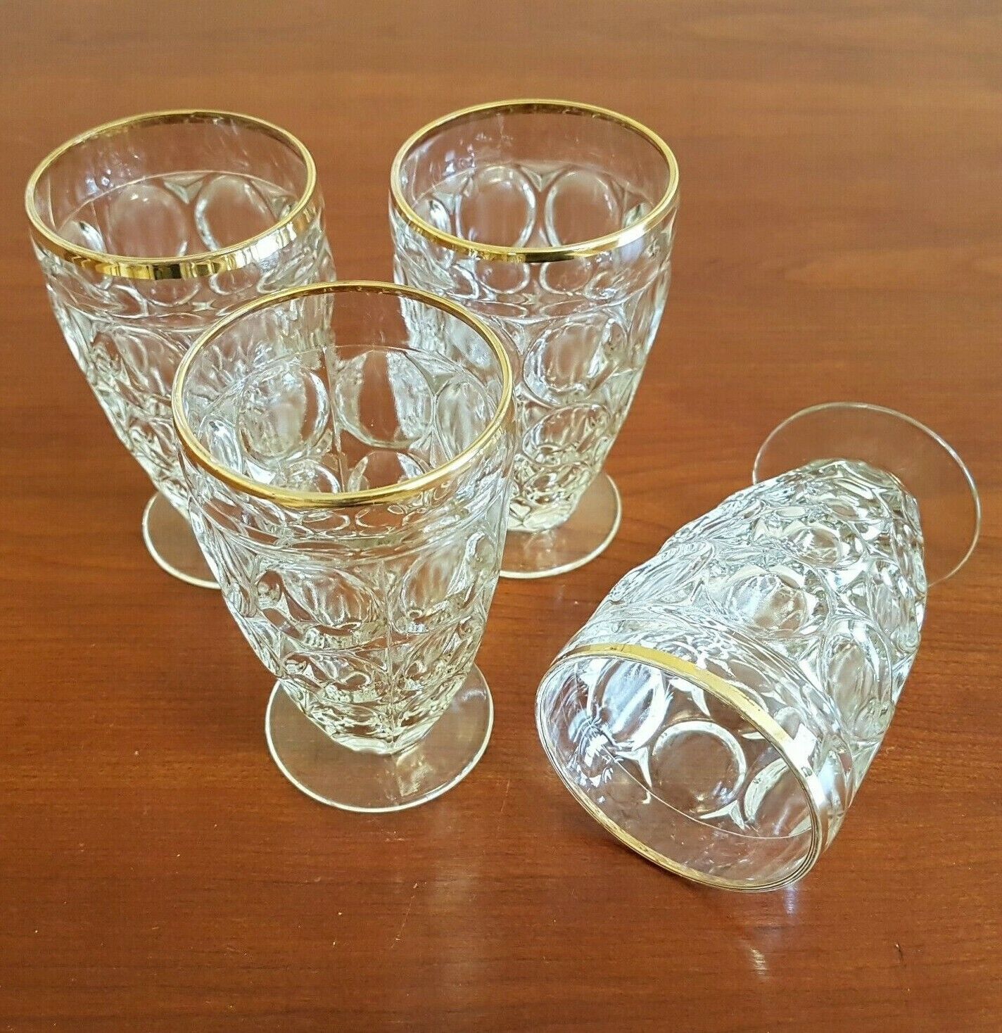 Jeannette Thumbprint Juice Glasses Drinking Gold Trim Clear Small 4oz. Vintage 