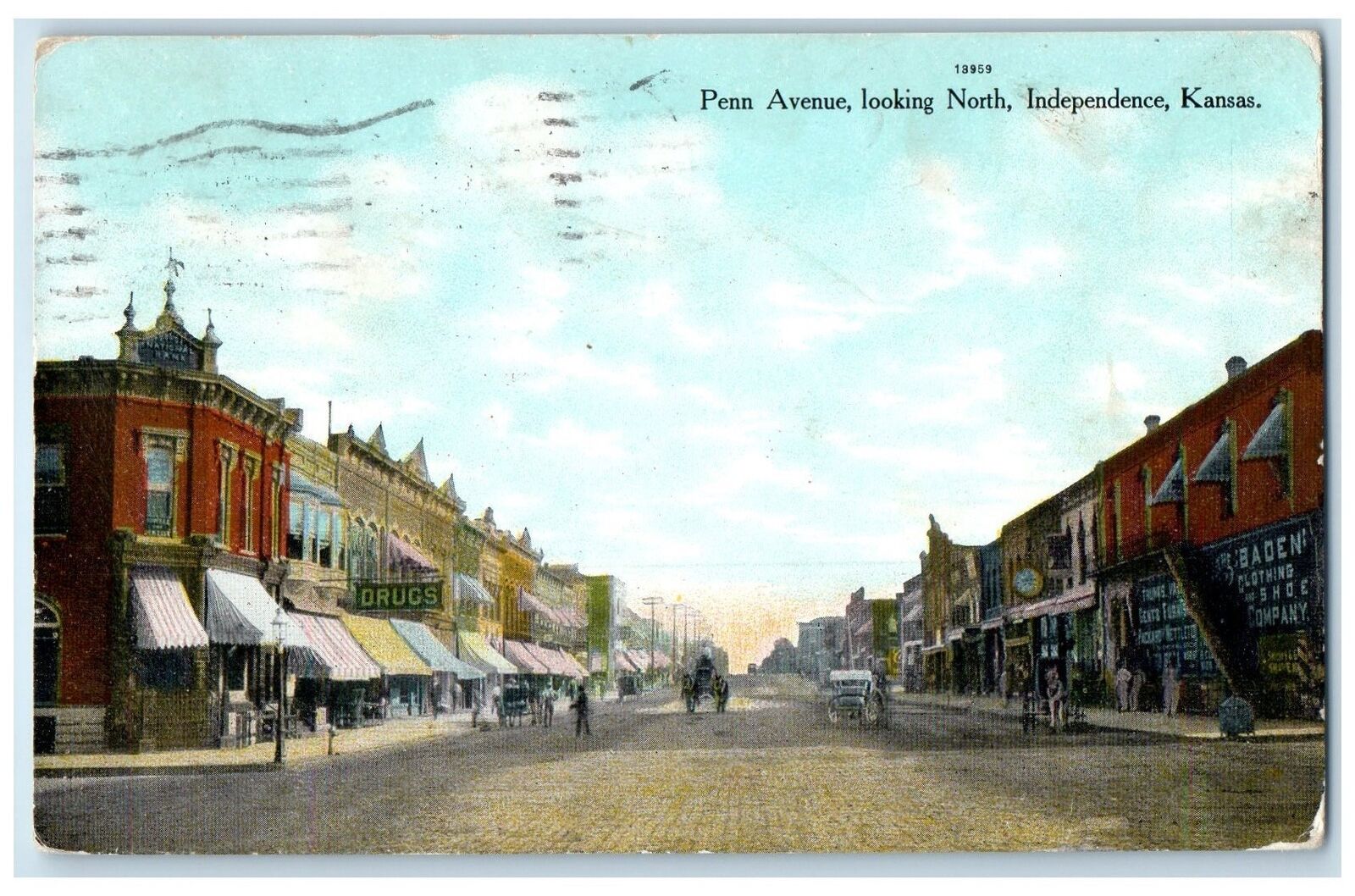 1909 Penn Avenue Looking North Classic Car Carriage Independence Kansas Postcard