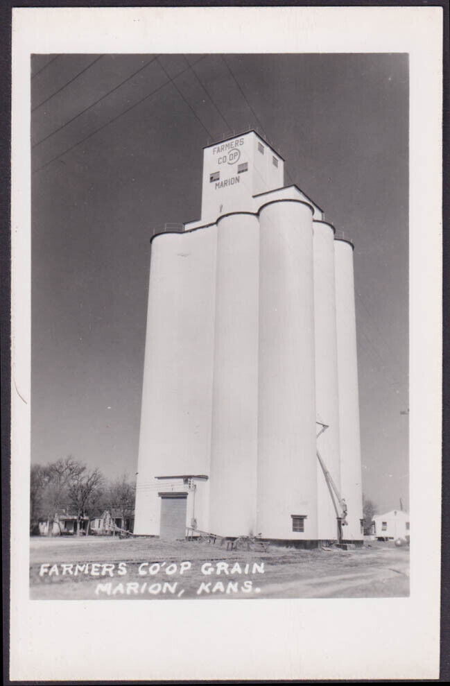 Farmers Co-Op Grain Tower at Marion KS RPPC postcard c 1950s