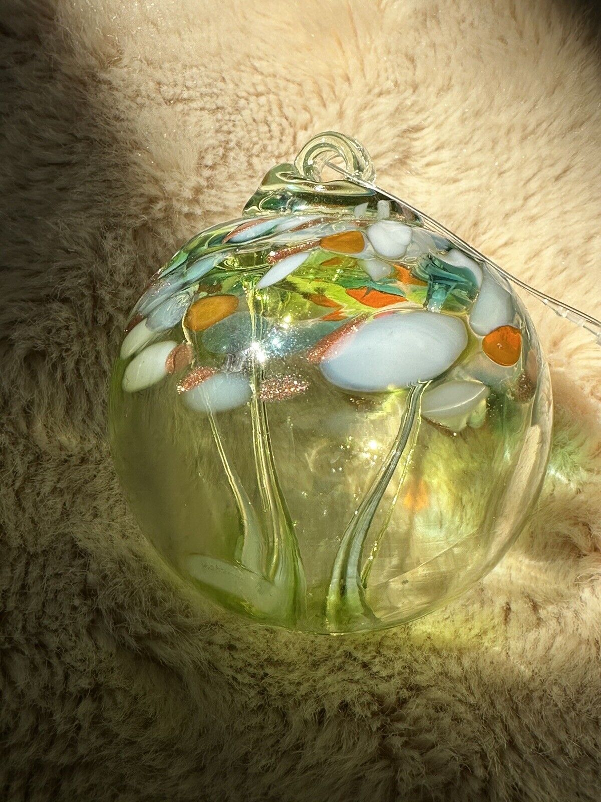 Hand Blown Studio Art Glass Ball Orb Ornament Suncatcher Green Tree Of Life