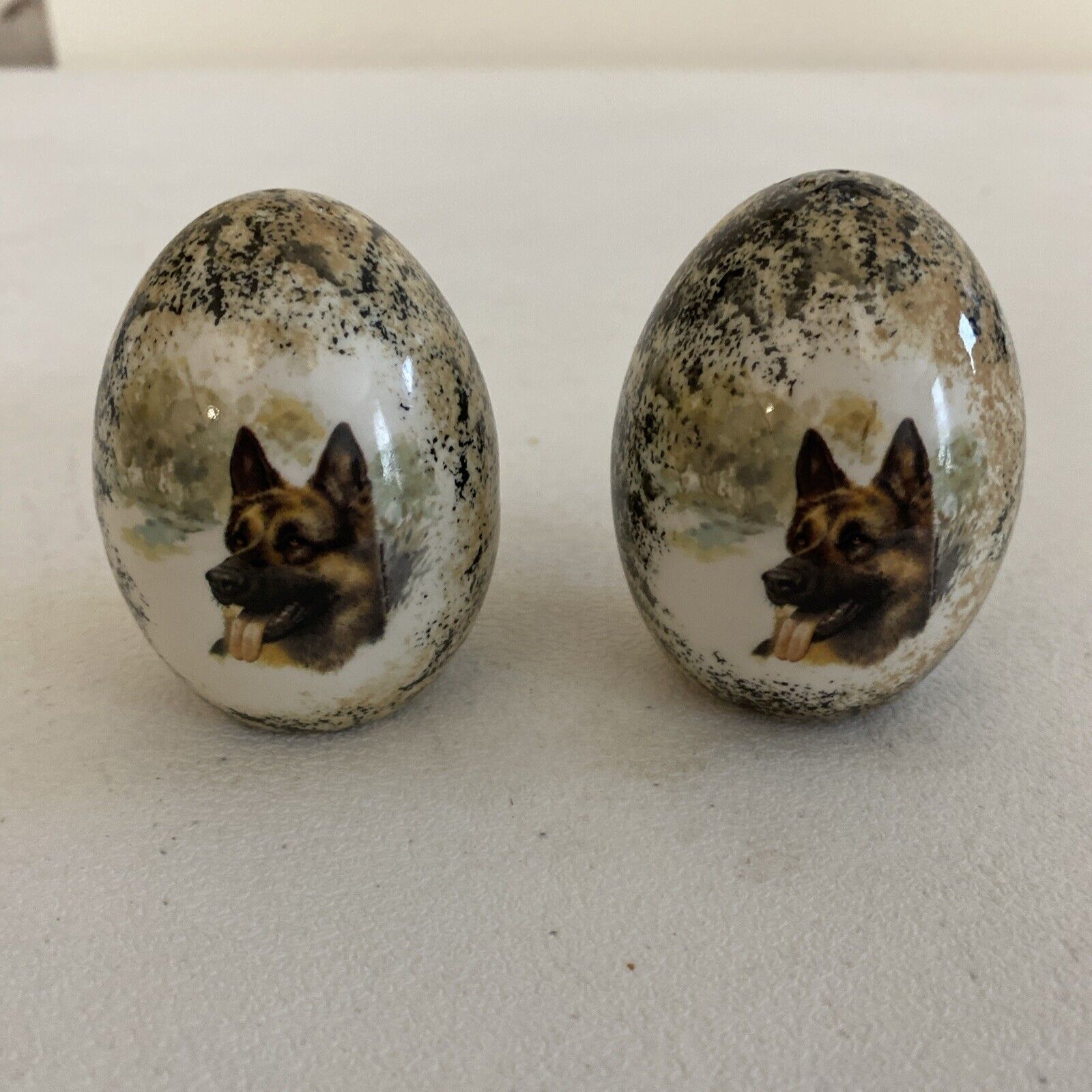 Vintage German Shepherd Salt Pepper Shakers Ceramic Easter Egg Shaped