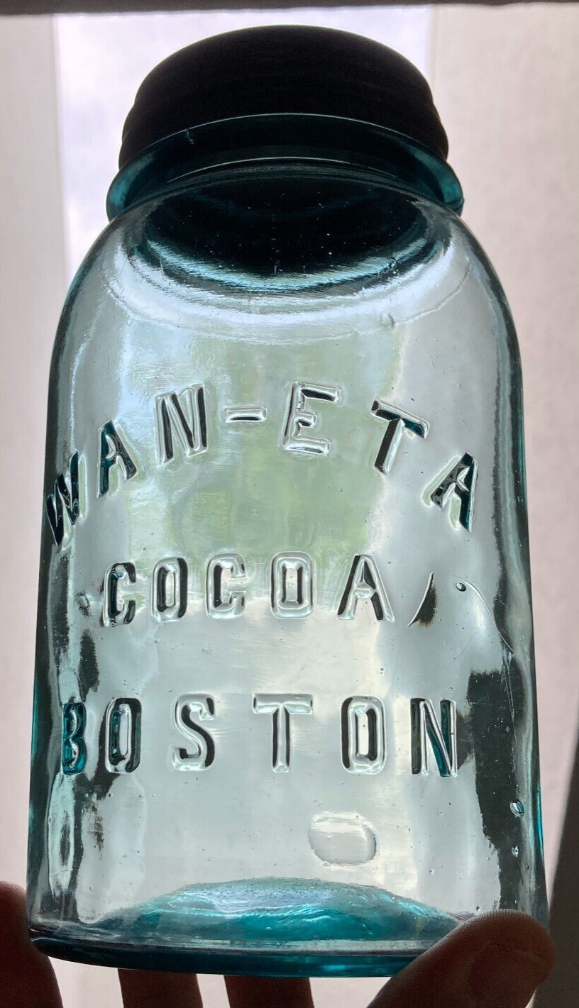 Vintage WAN-ETA COCOA BOSTON Aqua Blue Embossed Quart Fruit Jar Zinc Lid Bubbles
