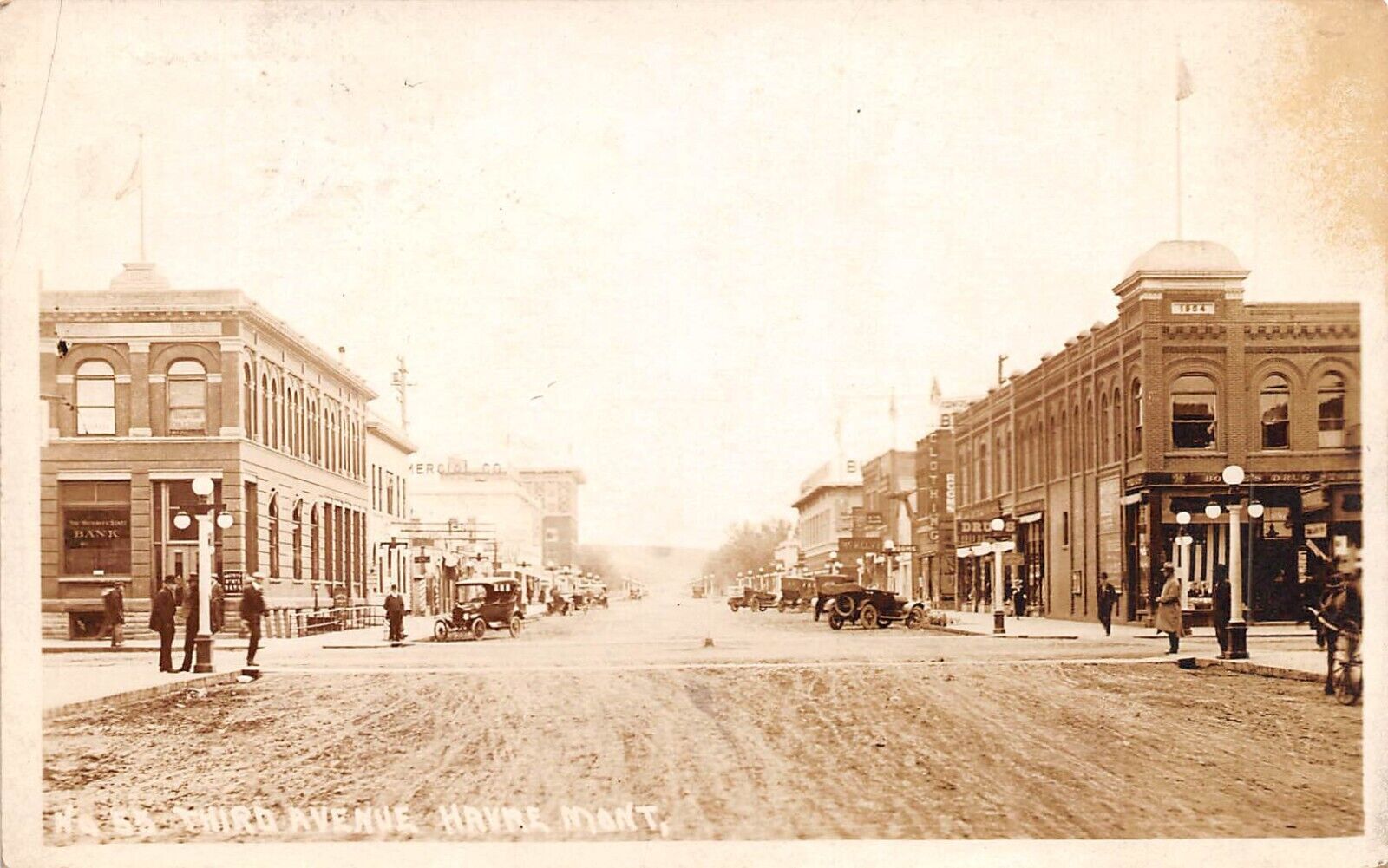 RPPC Harve Montana Third Avenue Street Scene Old Cars Dirt Rd 1921 Postcard