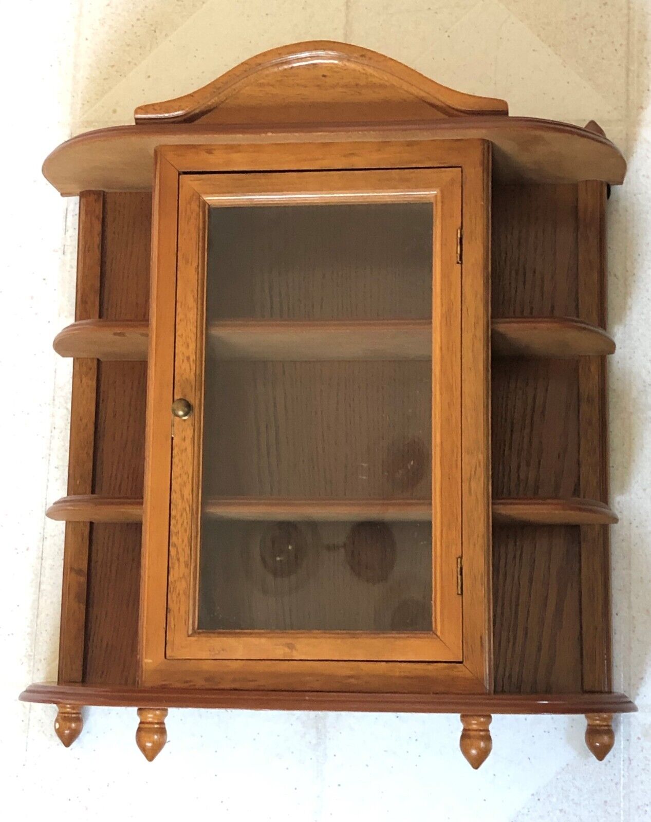 Vintage MID CENTURY Wood Wall Collectors Curio Cabinet with Glass Door & Shelves