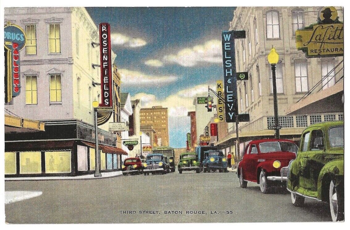Baton Rouge Louisiana c1940's Third Street business district, vintage car