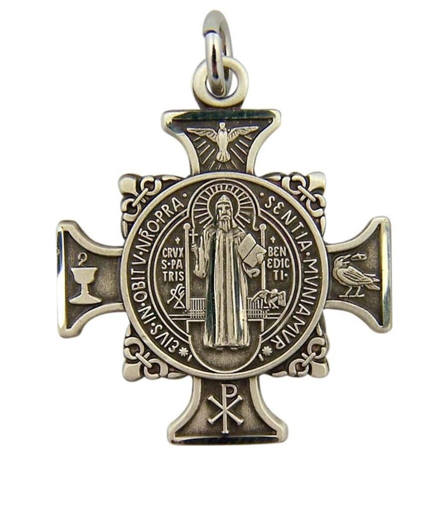 Patron Saint St Benedict of Nursia 1 Inch Sterling Silver Maltese Cross Pendant