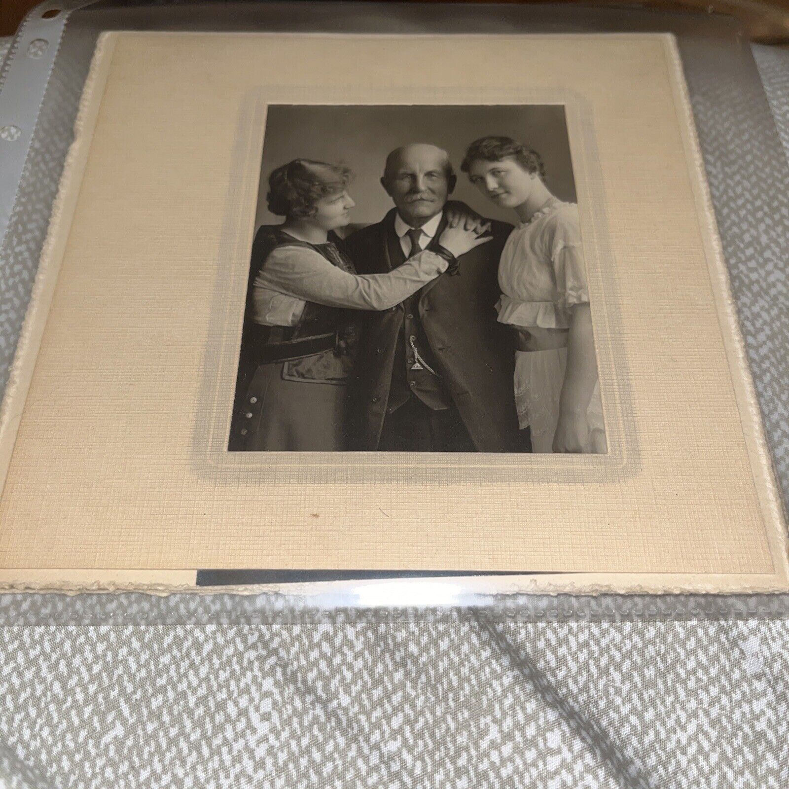 Antique Mounted Photo: Saucy Portrait Older Man & Two Younger Women Polyamorous