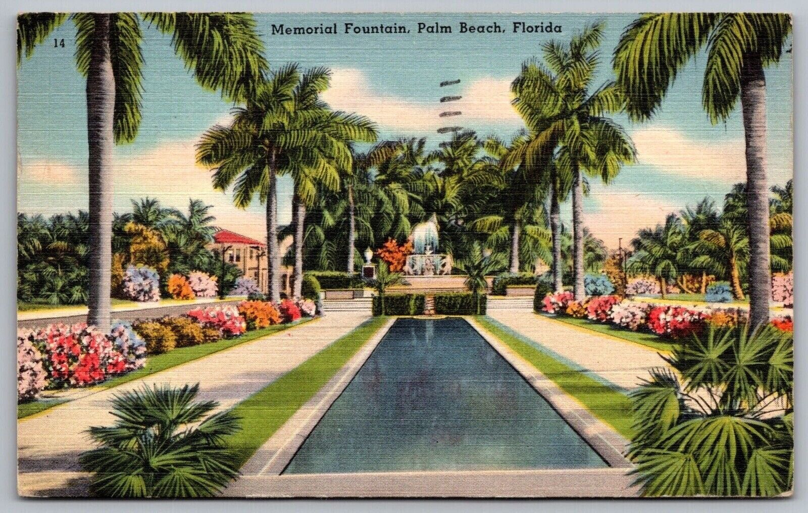 Florida Palm Beach Memorial Fountain Tropical Pool Flowers Floral Bush Postcard