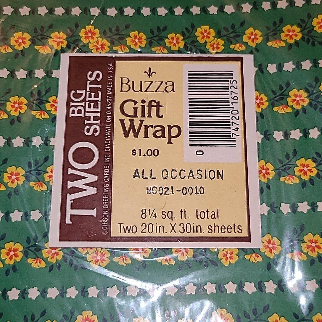 Vintage Buzza Gift Wrap All Occasion Yellow & White Flowers On Green