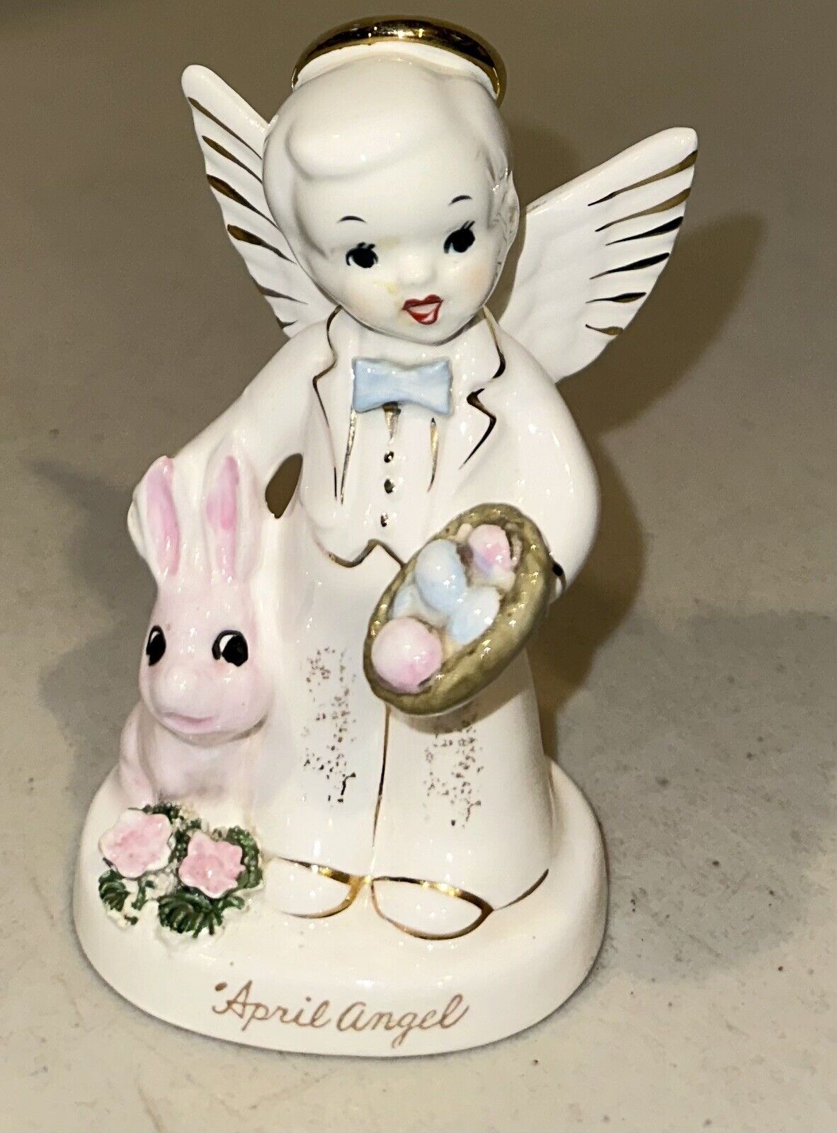 Vintage Japan Ceramic Napco 1956 April Angel w Easter Bunny & Eggs