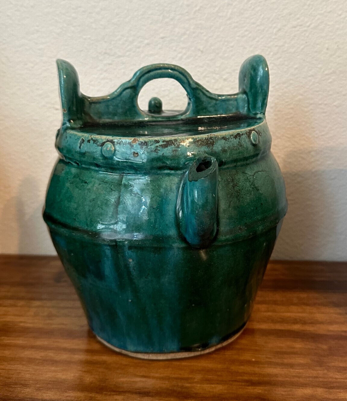 Chinese Antique Shiwan Green Glaze Pottery Water Bucket Teapot, 9\