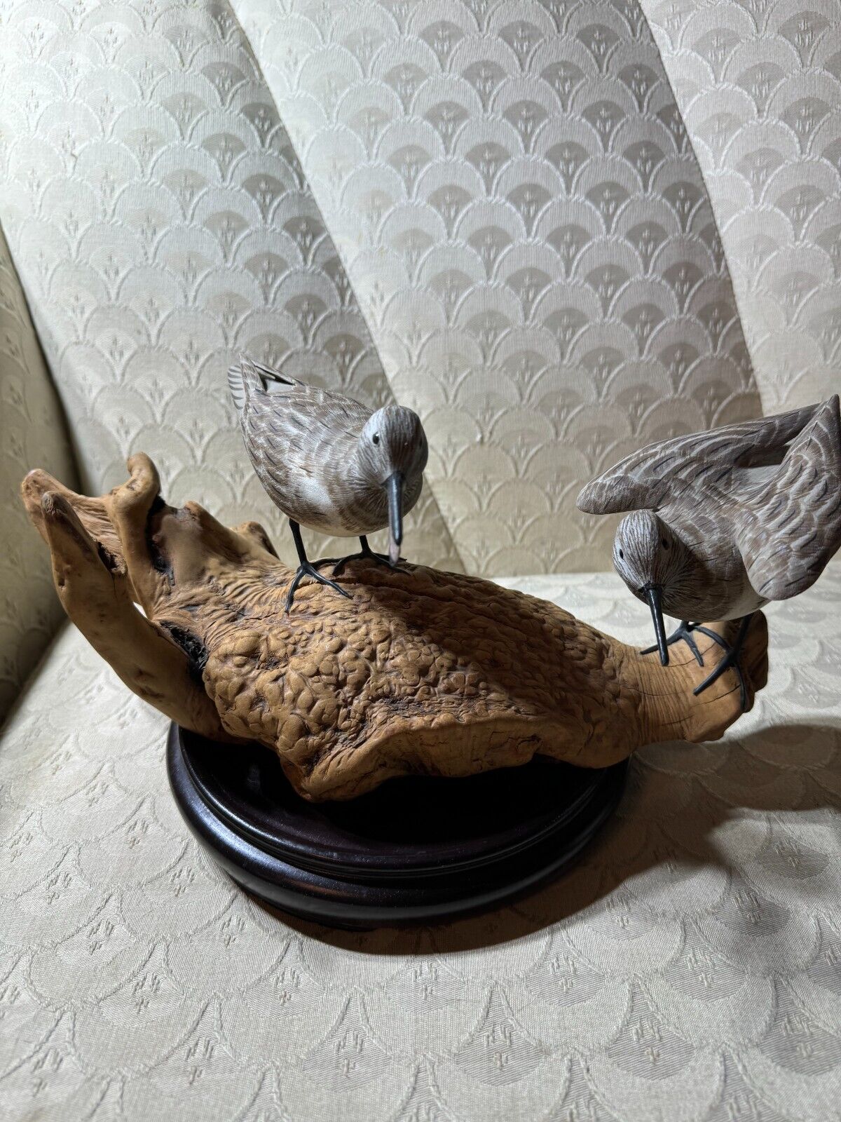 John & Patty Wood Carved Pair Sandpipers with Driftwood Base - 14.0 Inches Long