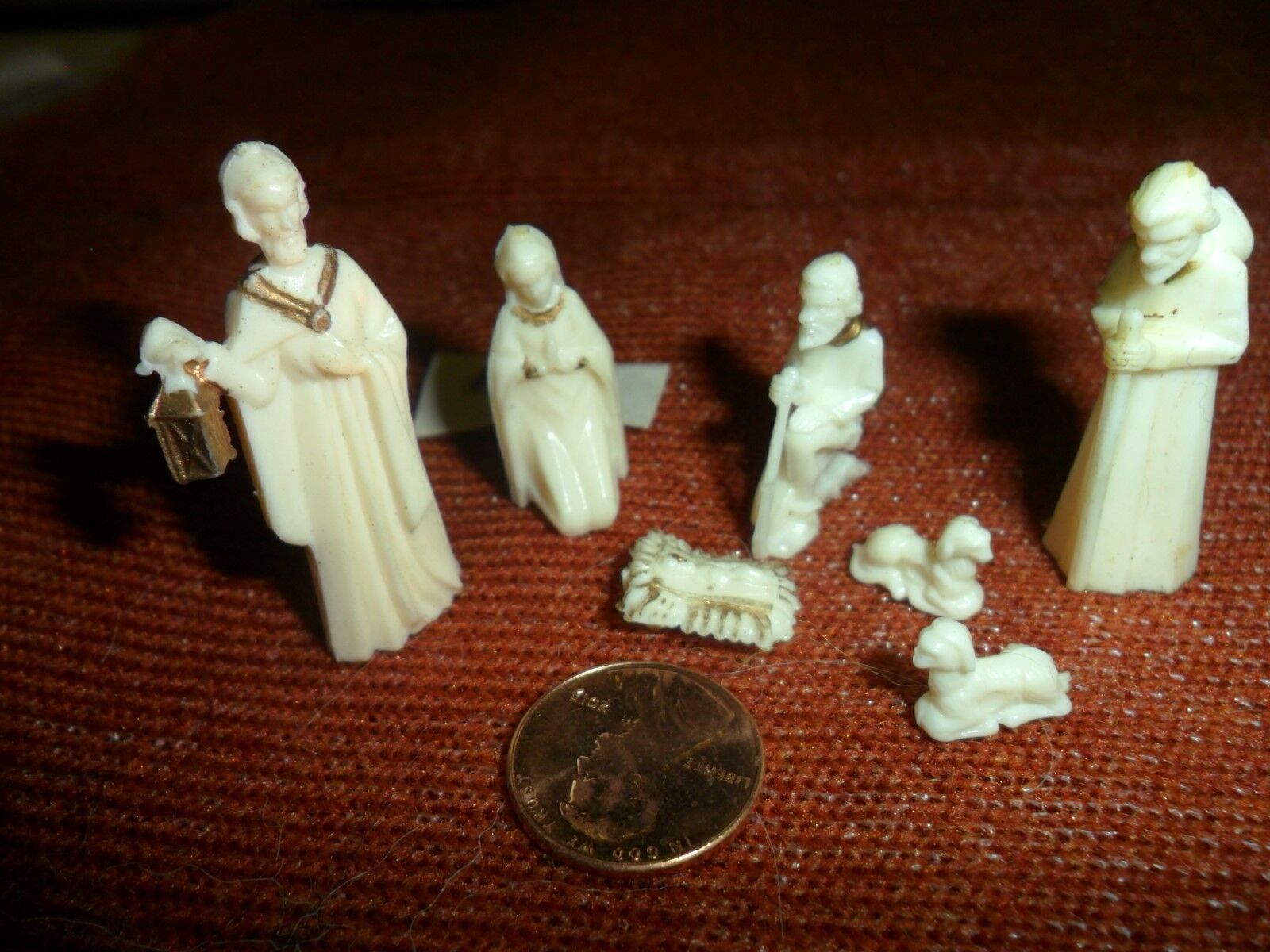 Plastic Mini Cream and Gold Nativity Set - 7 pc - Vintage