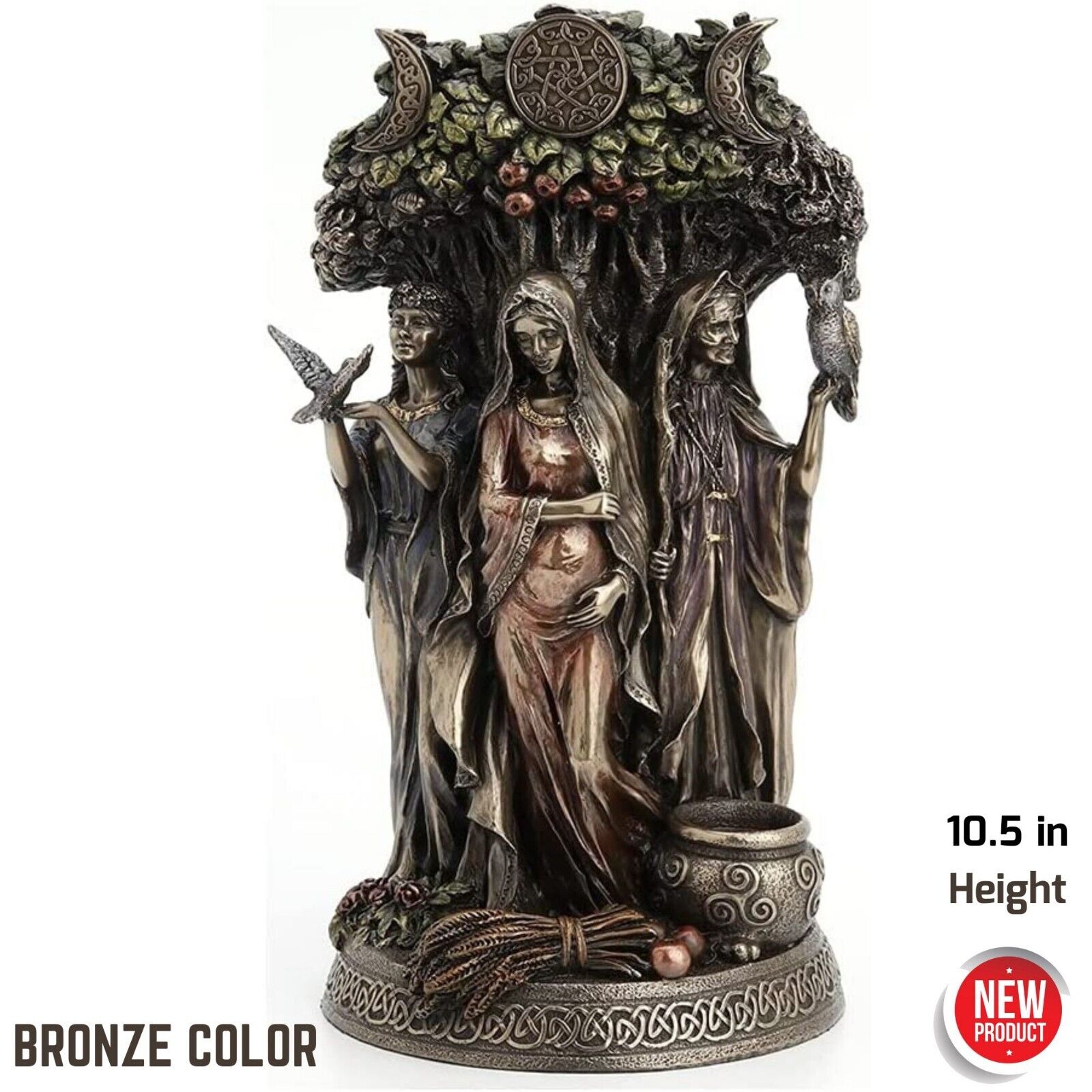 Danu Irish Triple Moon Goddess Statue Maide Mother Crone Celtic Tree Wicca Altar