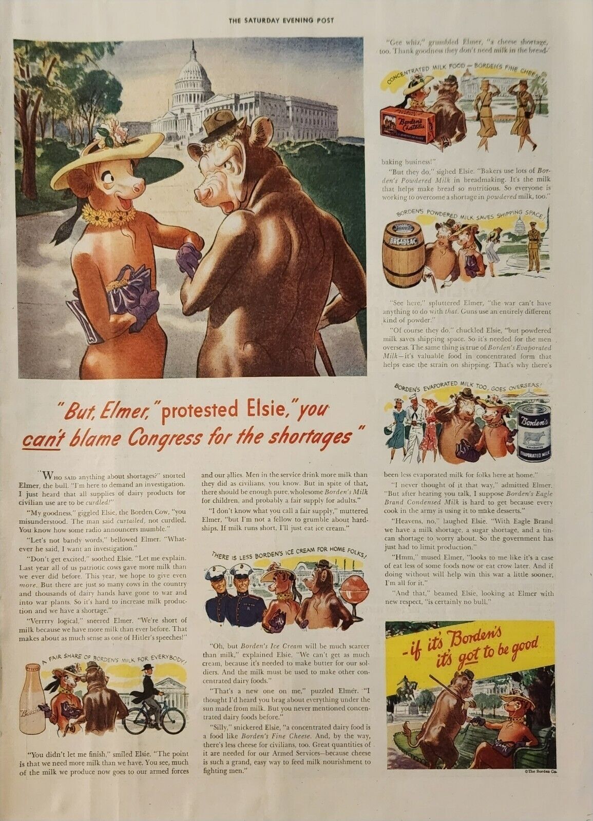 1943 Bordens Vintage Ad But Elmer protested Elsie you cant blame congress