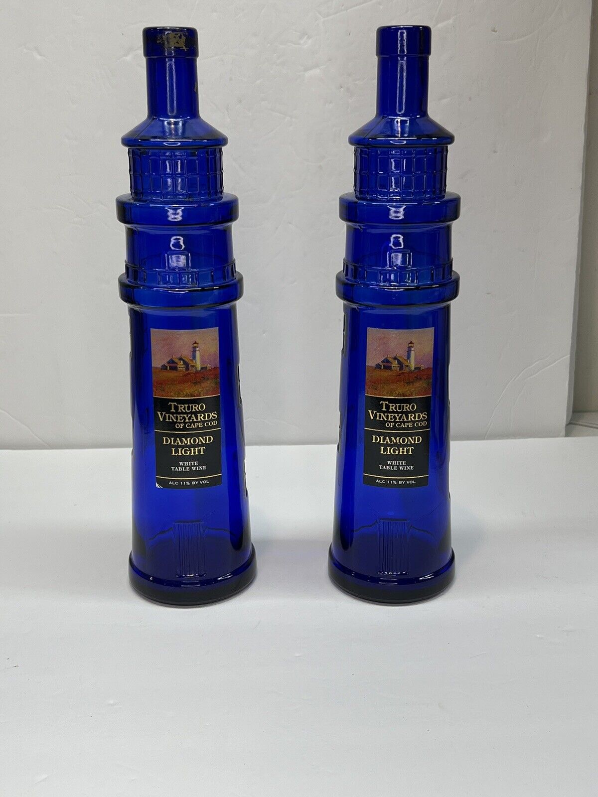 Truro Vineyards Of Cape Cod Cobalt Blue Lighthouse Empty Wine Bottles Set Of 2