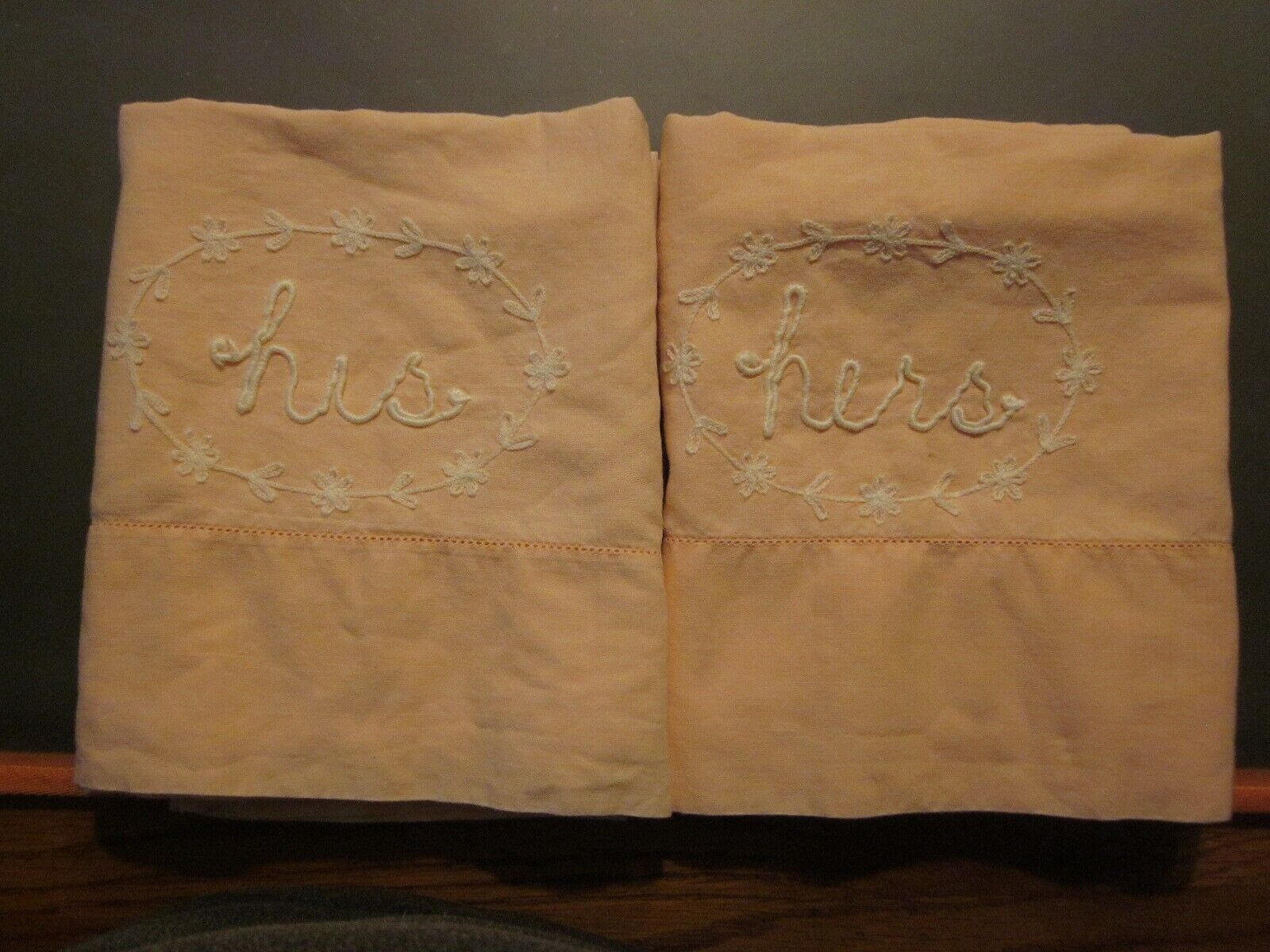 Vintage Pair of His & Hers Pale pink Embroidered Pillow Cases