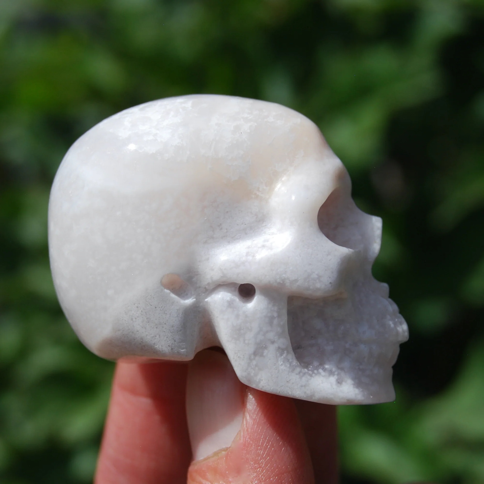 2in Sakura Flower Agate Carved Crystal Skull, Realistic White Peach Skull Carvin