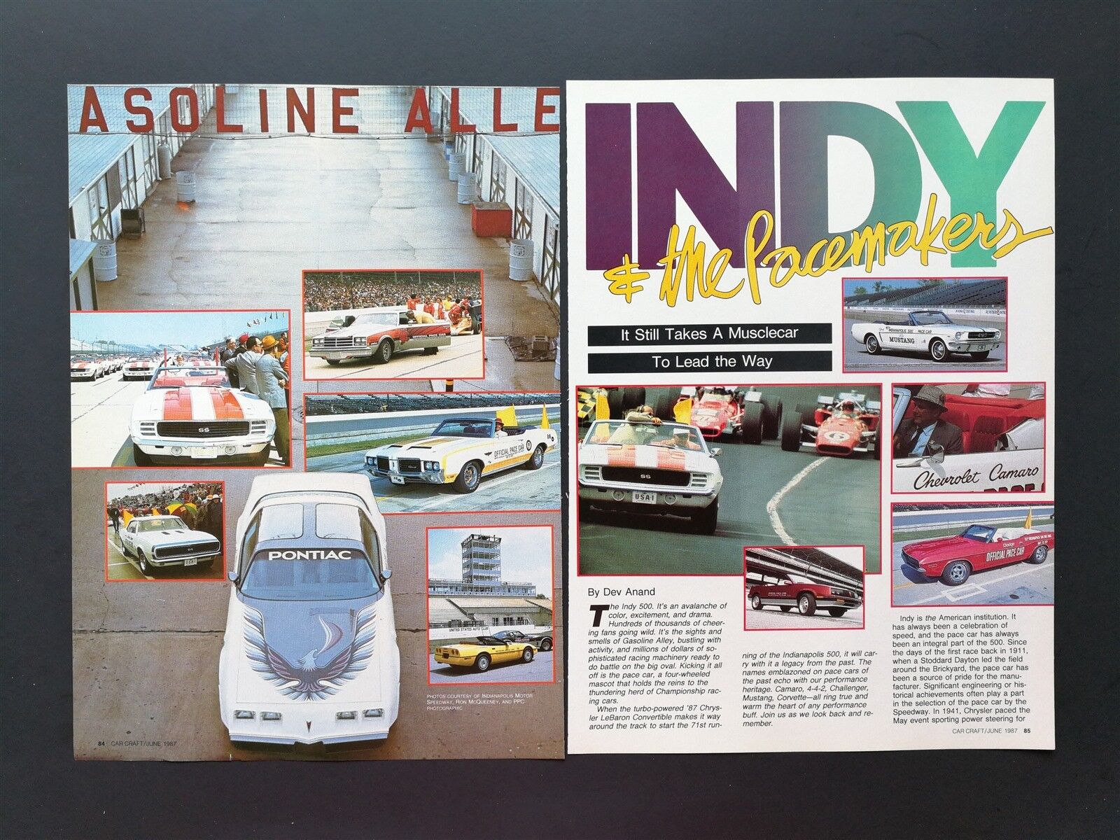 1987 Indianapolis Indy 500 Pace Cars - Original 4 Page Article