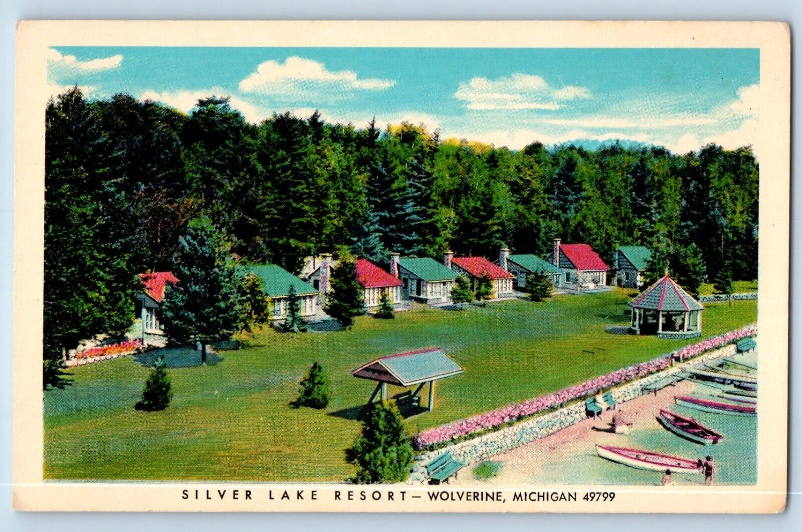 Wolverine Wisconsin Postcard Silver Lake Resort Birds Eye View Waterfront 1940