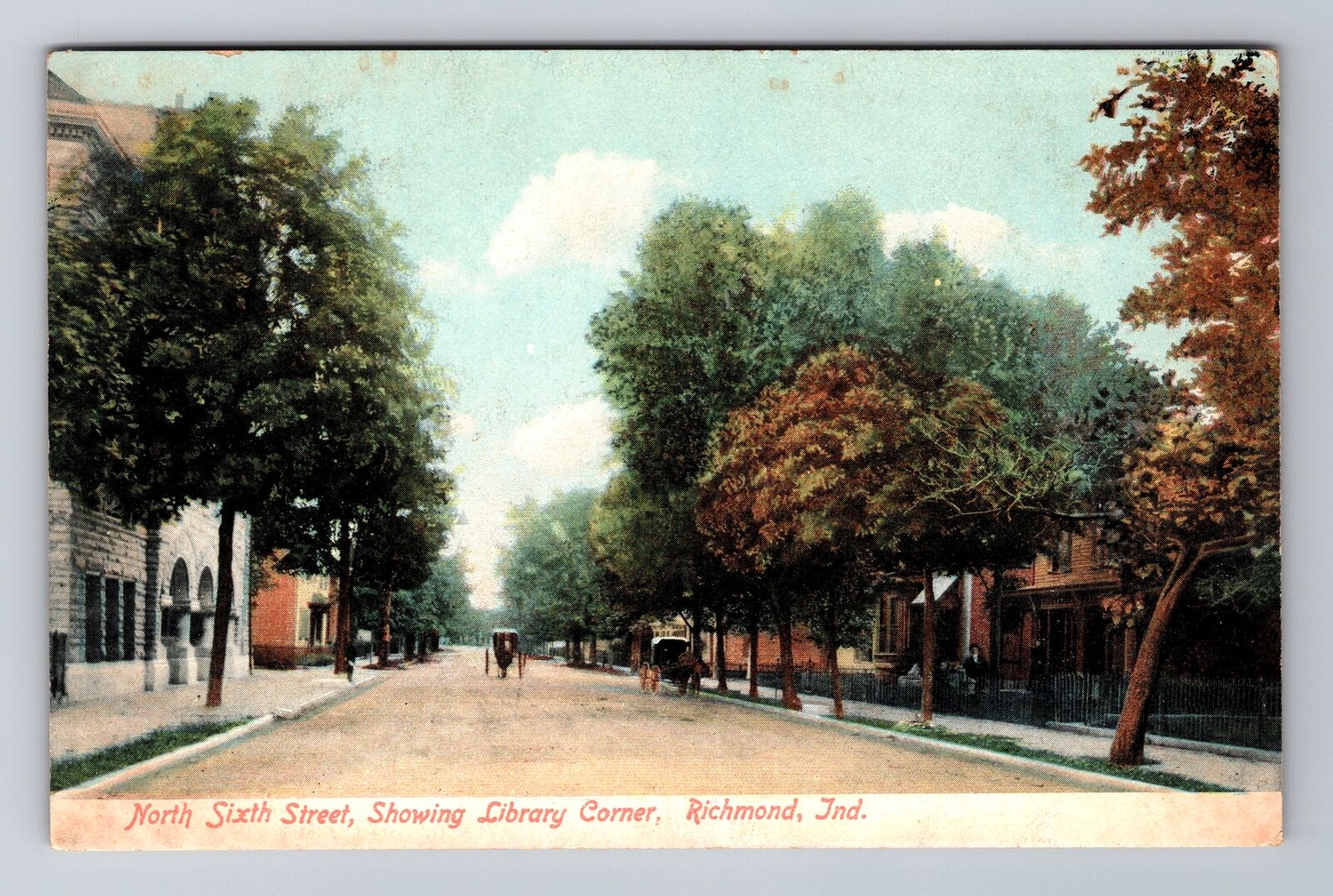 Richmond IN-Indiana, North Sixth Street, Library Corner Antique Vintage Postcard