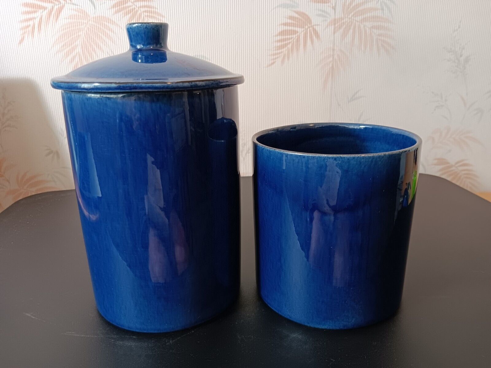 Set of 2 Terre Provence Blue Drip Glaze Pottery Canisters (1 Lg. 1 Small) France