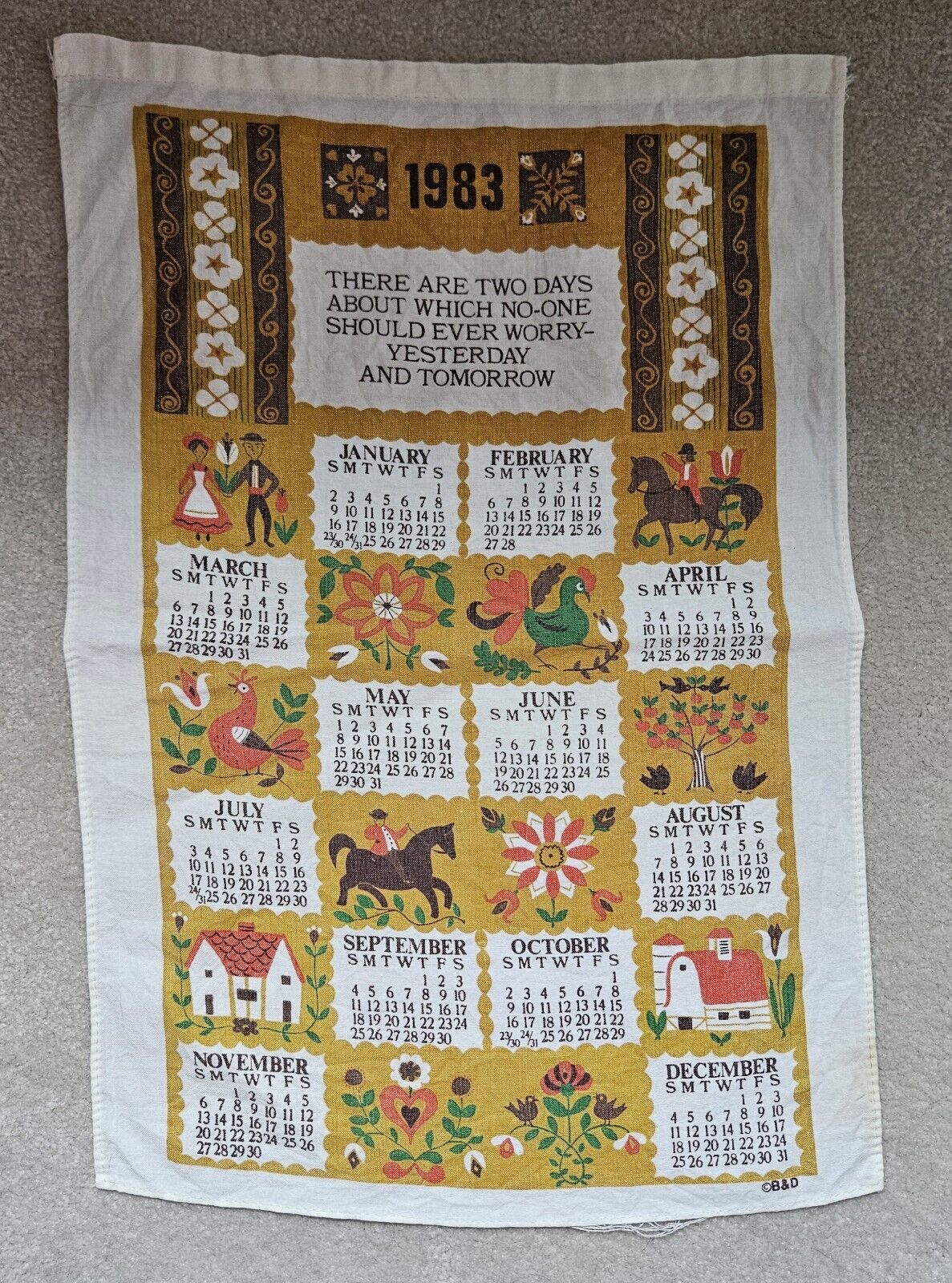 Vintage 1983 Cloth Kitchen Calendar Wall Hanging Tea Towel Farmhouse B&D