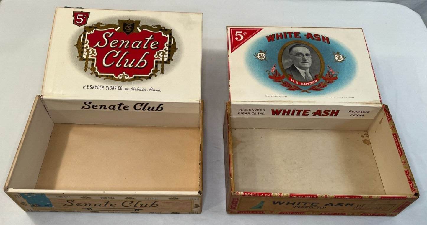 Vintage WHITE ASH & SENATE CLUB (w/ Stamp) Cigar Boxes, H.E. Snyder Perkasie PA