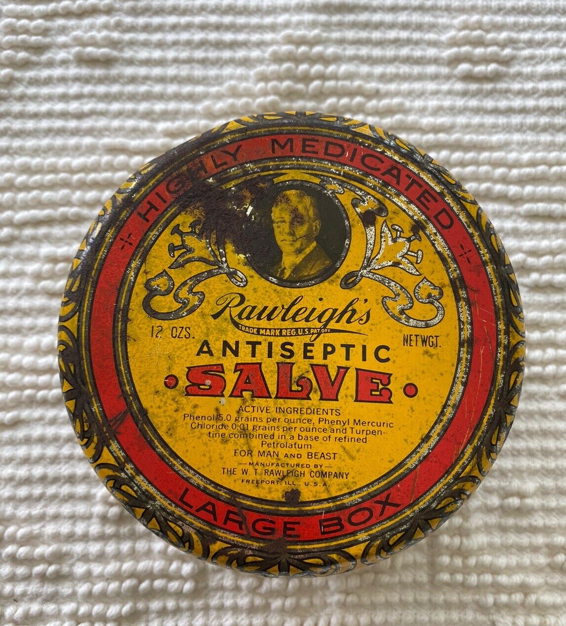 Vintage Rawleigh Antiseptic Salve 12 Ounce Container Tin Advertising Medical