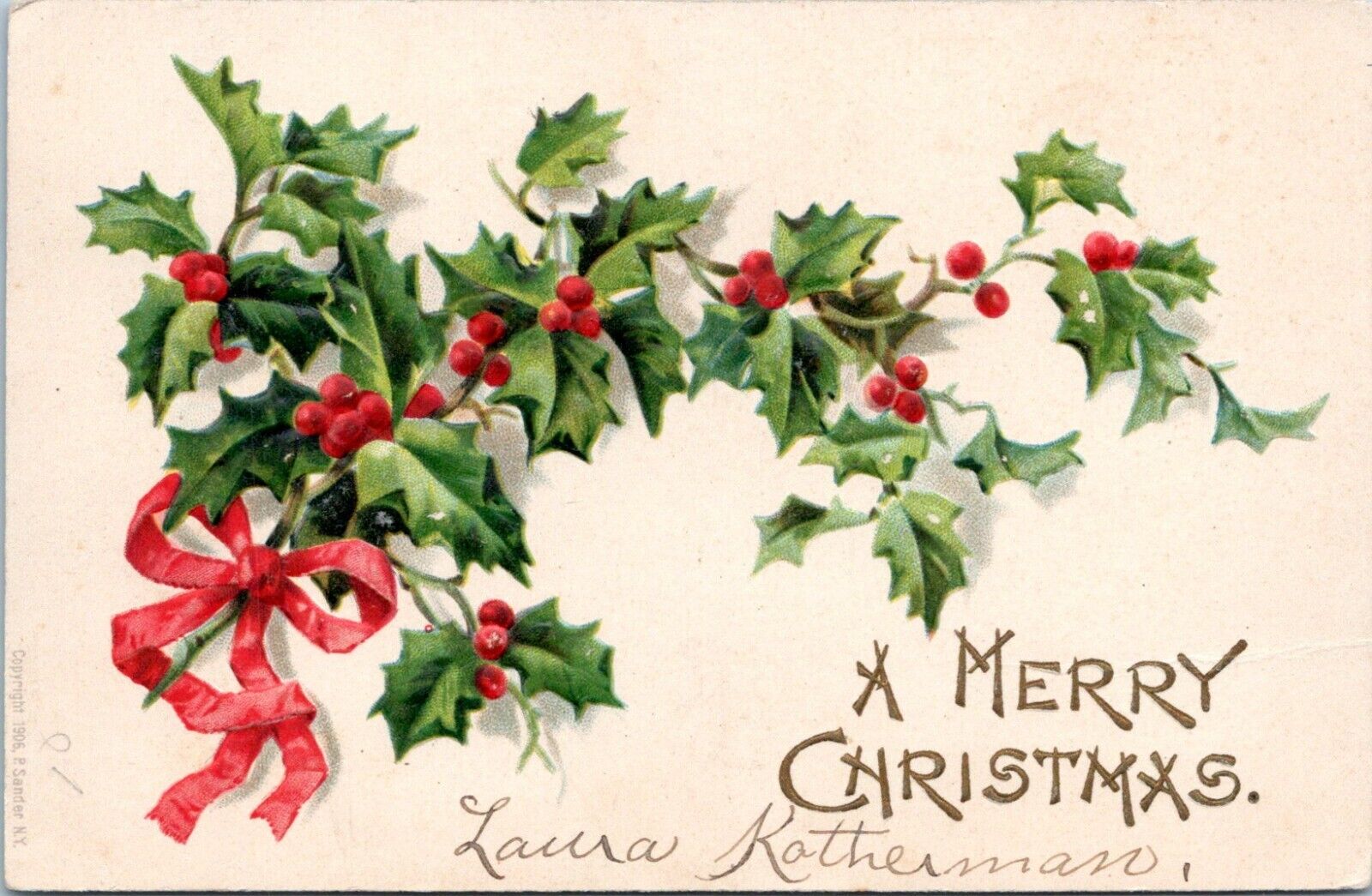 A Merry Christmas Postcard 1906 Holly Millmont Pennsylvania Shirk Freeburg PB 