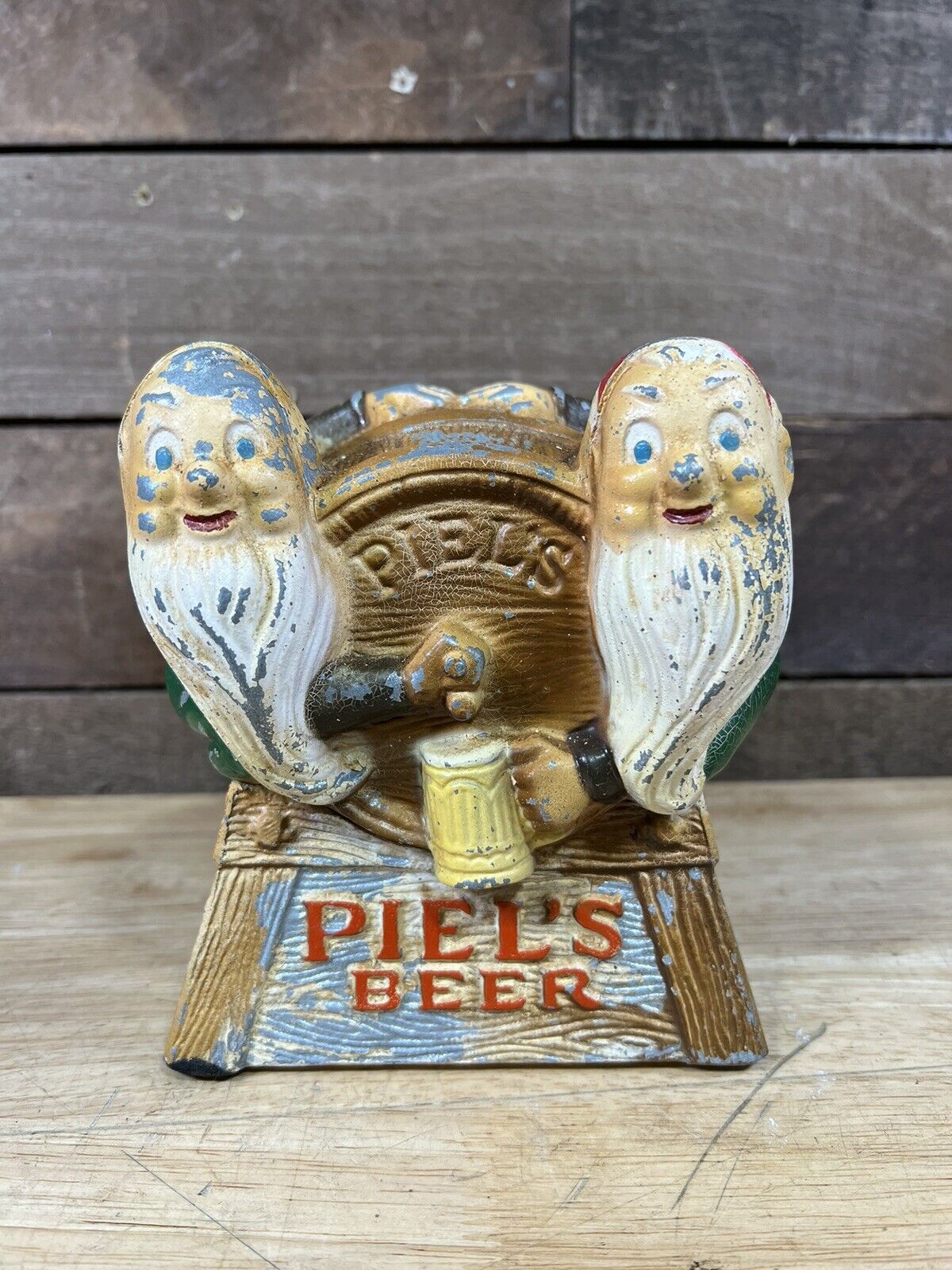 Vintage Metal PIELS BEER Gnome Advertising Display Caddy Cup Holder