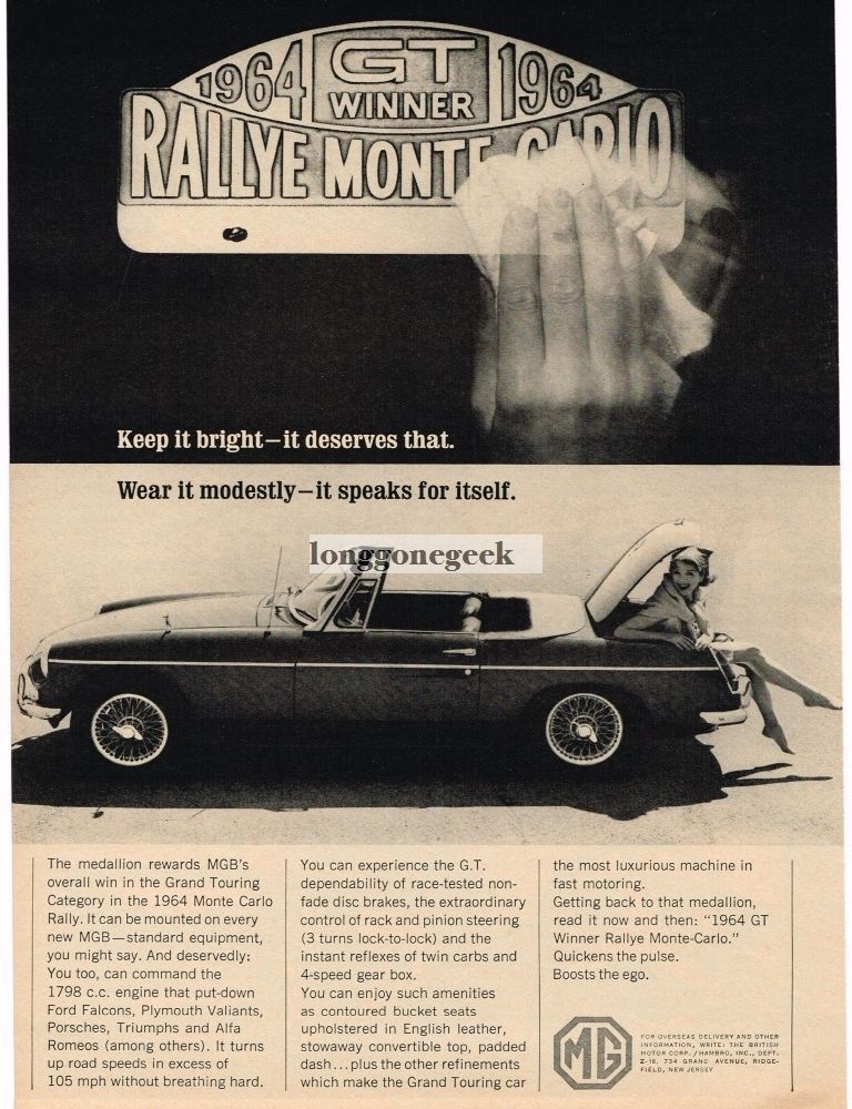 1964 MG MGB winner Monte Carlo Rallye Vintage Print Ad