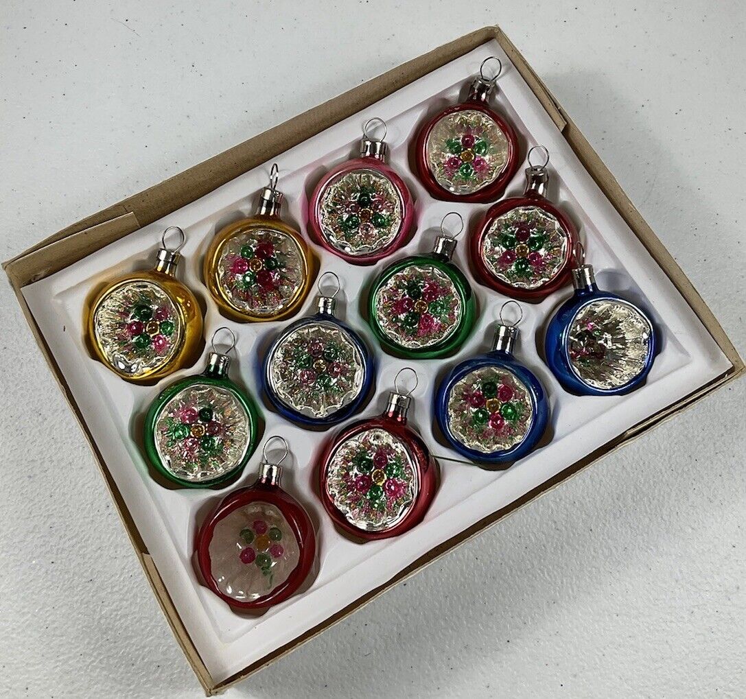 Set Of 12 Vintage Indent Glass Ornaments In Box PLEASE READ