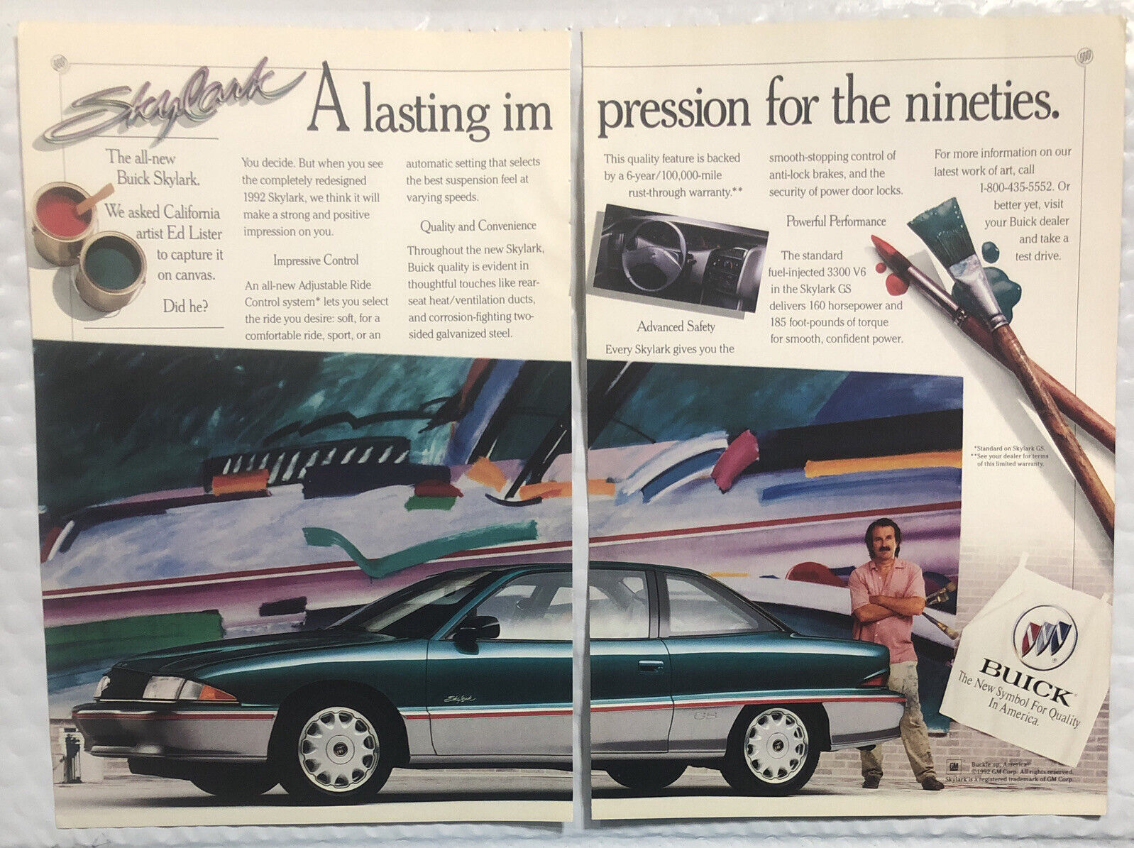 Vintage 1992 Original Print Ad Two Page - 1992 Buick Skylark - For The Nineties